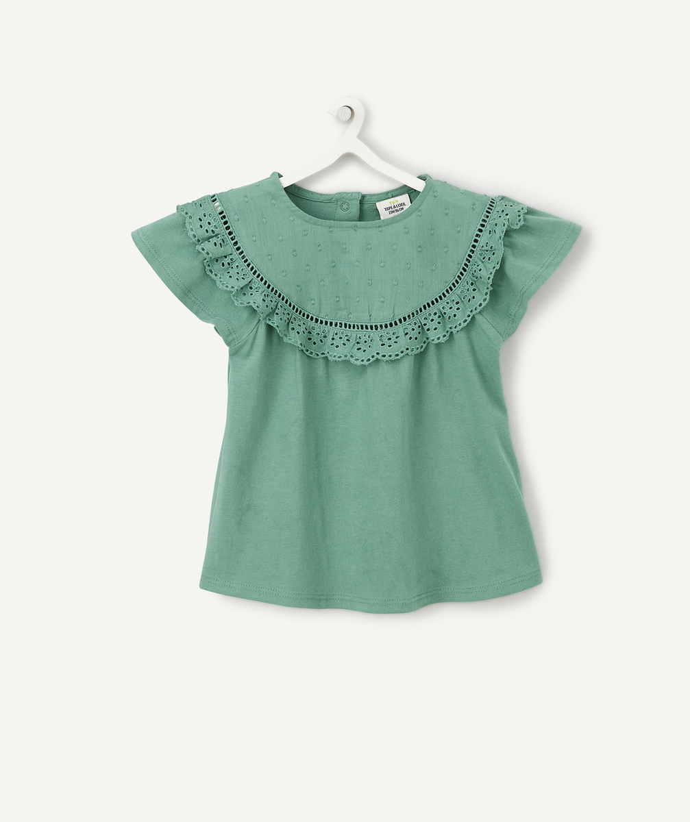T-SHIRT BÉBÉ FILLE EN COTON VERT AVEC BRODERIES