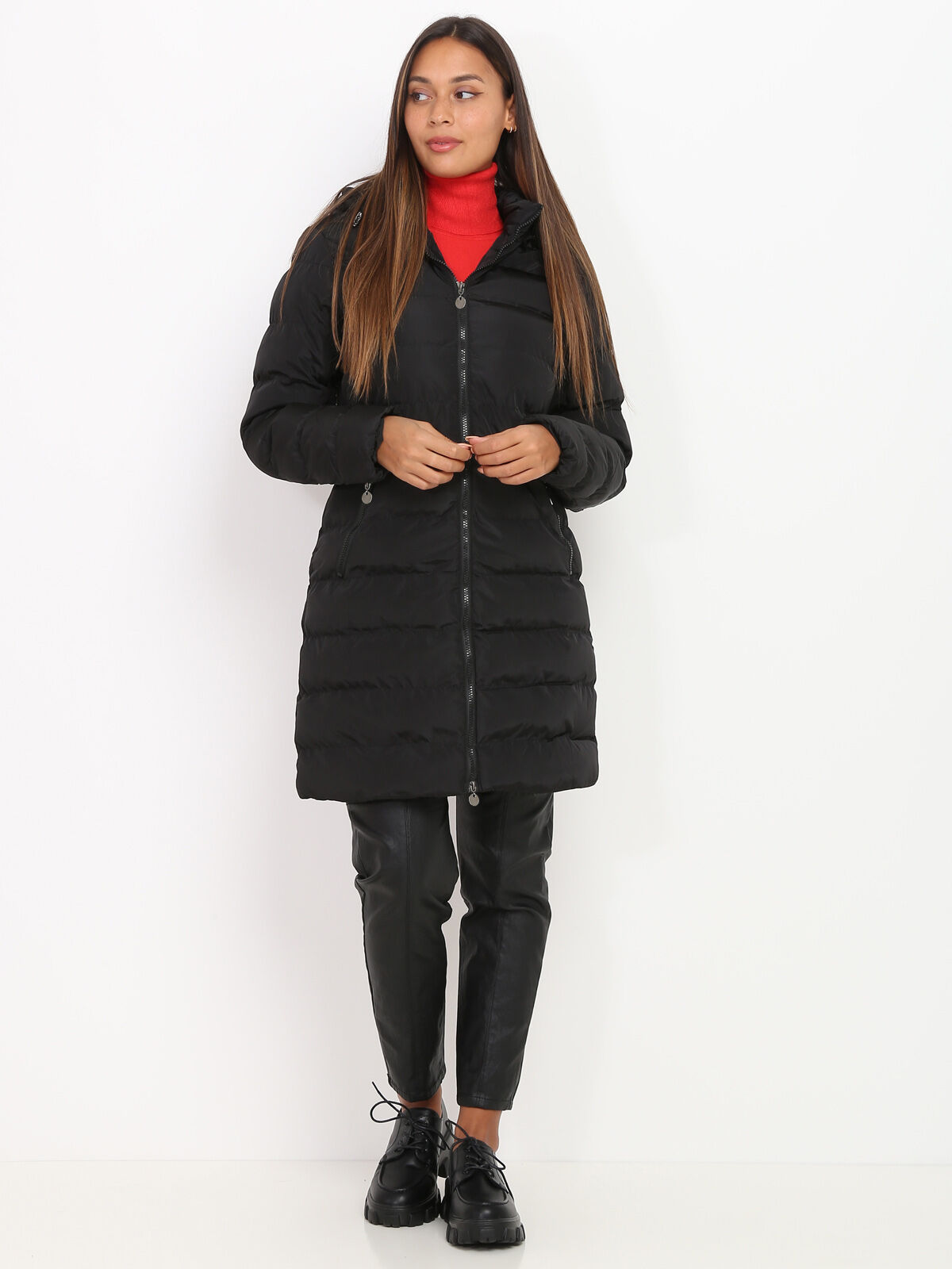 Manteau mi-long matelassé à capuche- Noir