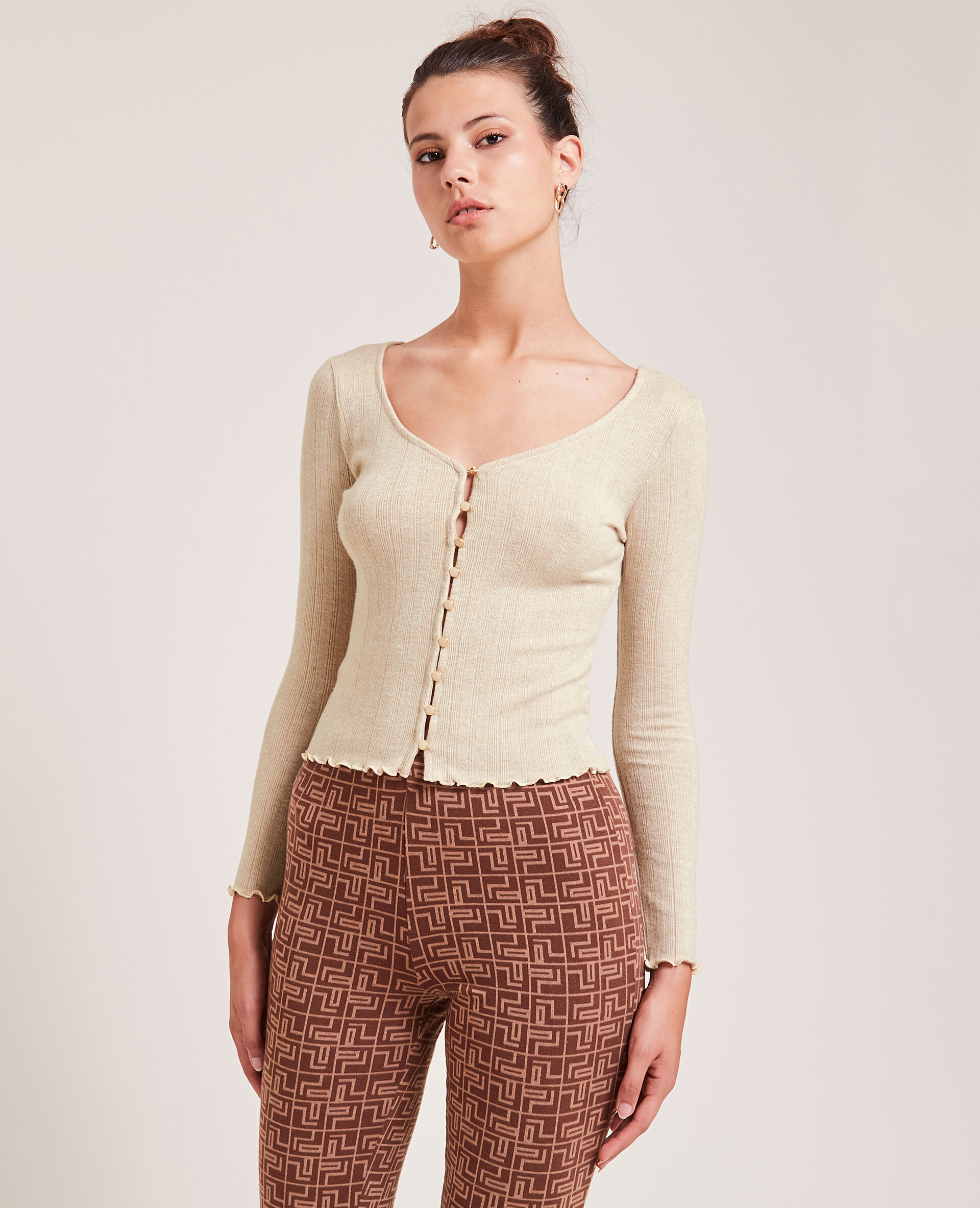 Top boutonné en maille côtelée - Taupe
