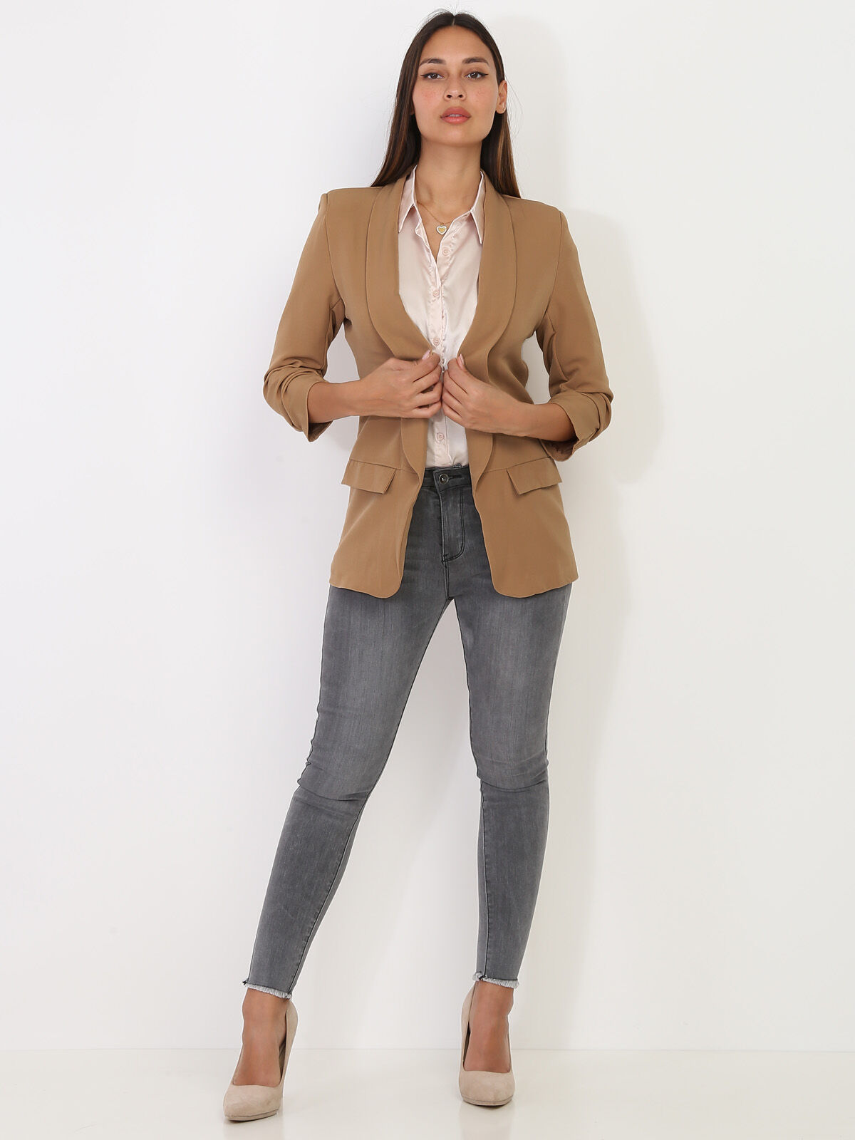 Veste blazer à manches retroussées- Camel