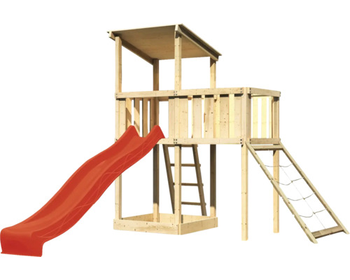 Speeltoren/speelhuis Karibu Anna, 107 x 107 cm, van hout, bestaande uit glijbaan, aanbouw en nethelling (rood).