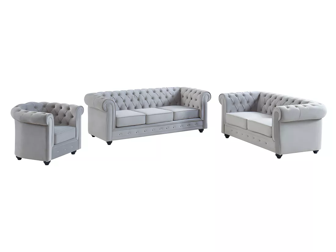 Canapés 3 places 2 places et un fauteuil CHESTERFIELD - Velours gris clair