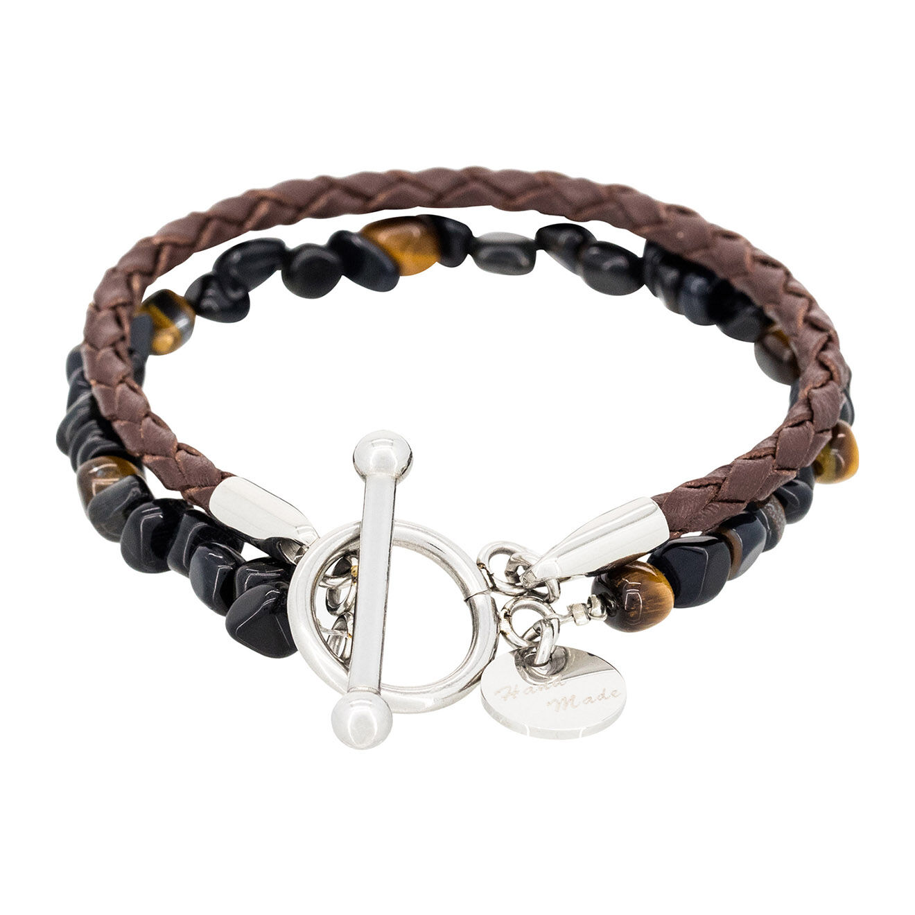 Rockstone Bracelet Double Cordon en Cuir & Oeil De Tigre marron