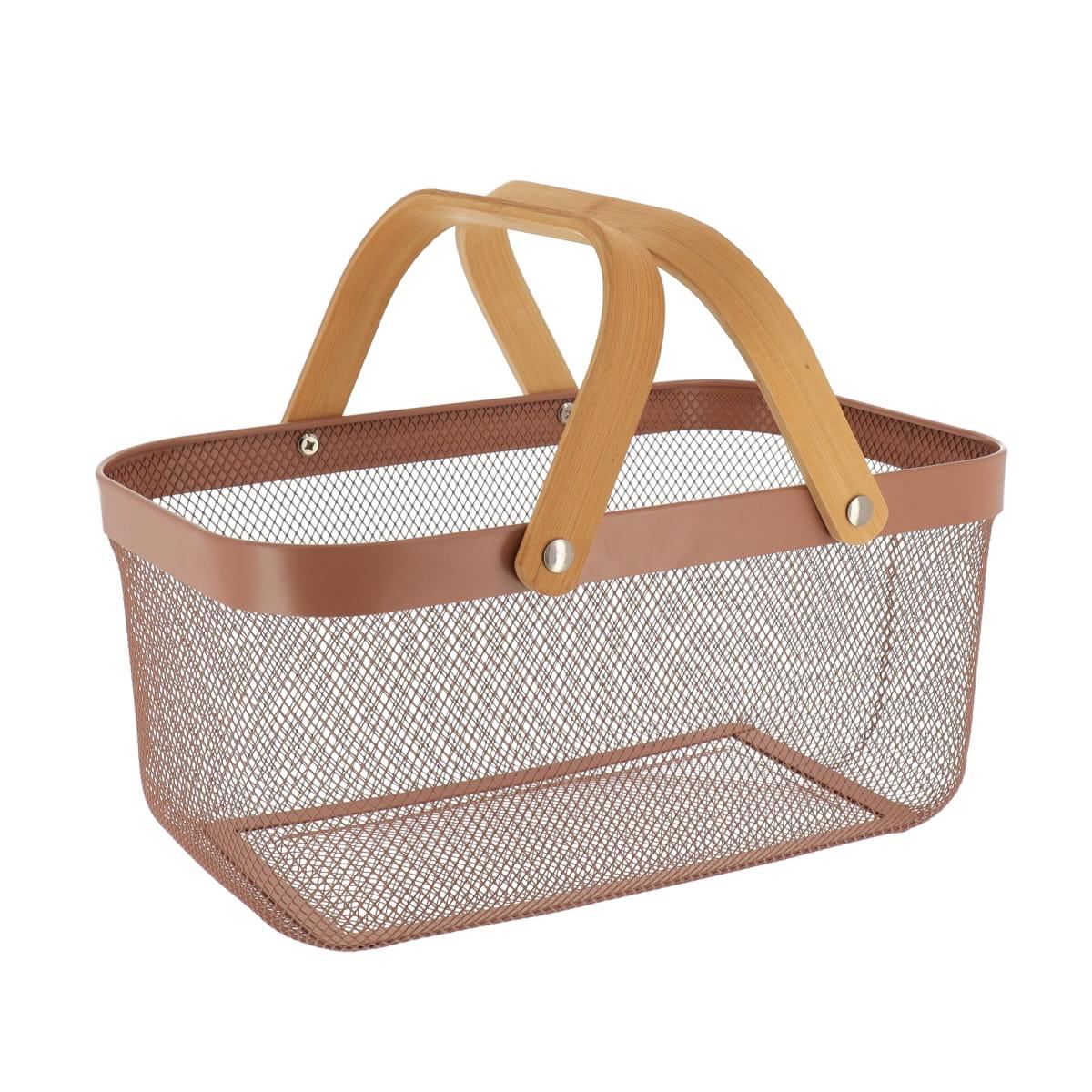 PANIER DE RANGEMENT RECTANGLE METAL POIGNEES BAMBOU CARAMEL