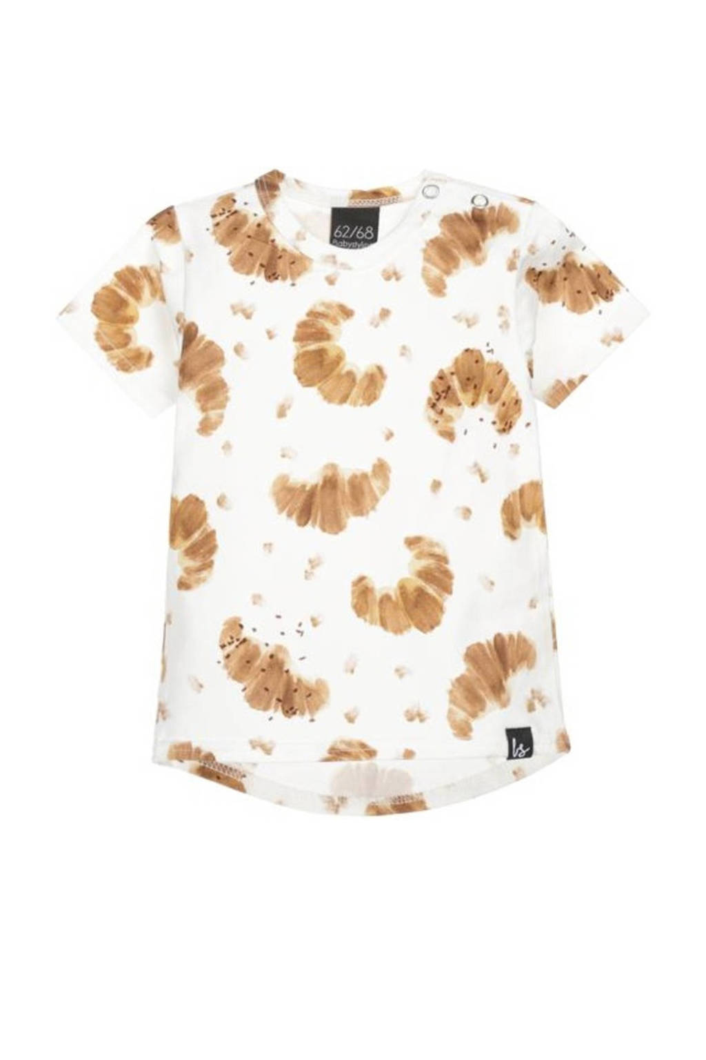 Babystyling baby T-shirt met all over print wit/bruin