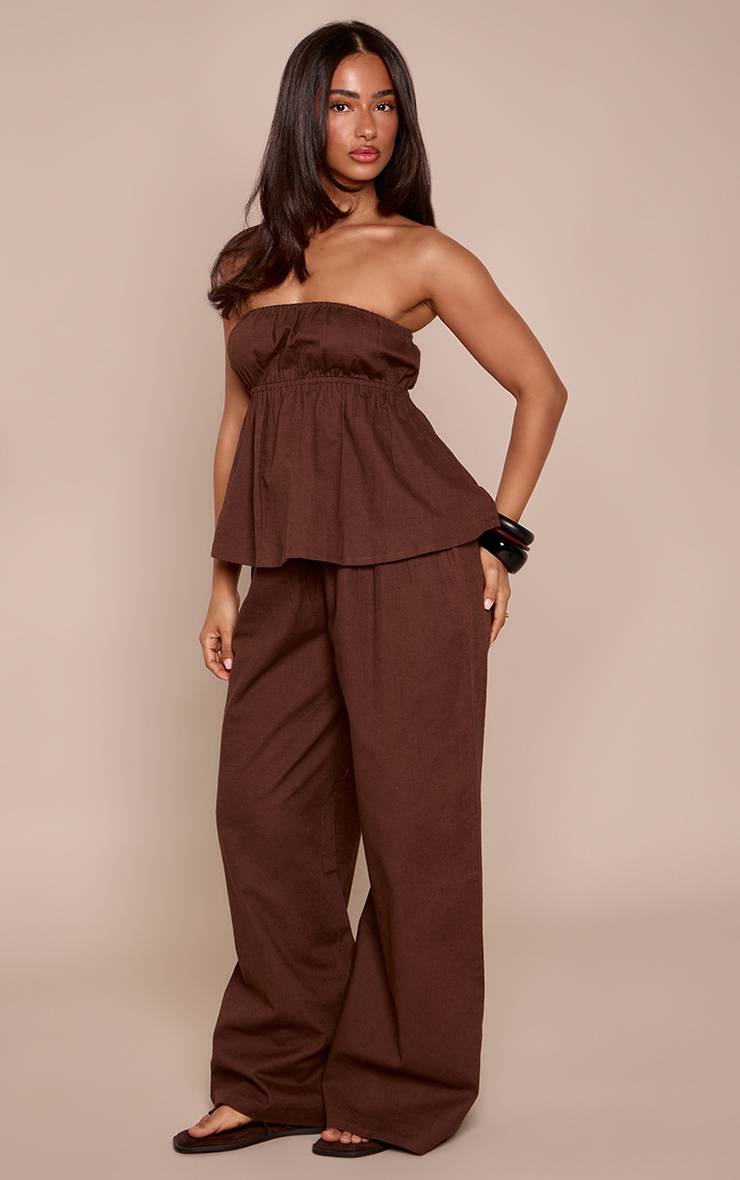 Chocolat Petite Pantalon Large Fluide Aspect Lin Ensemble Coordonné