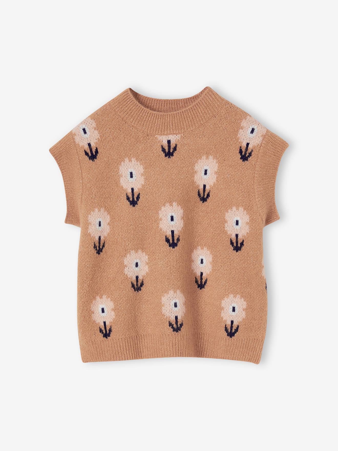 Suéter sem mangas com estampa floral para meninas, cor camelo.