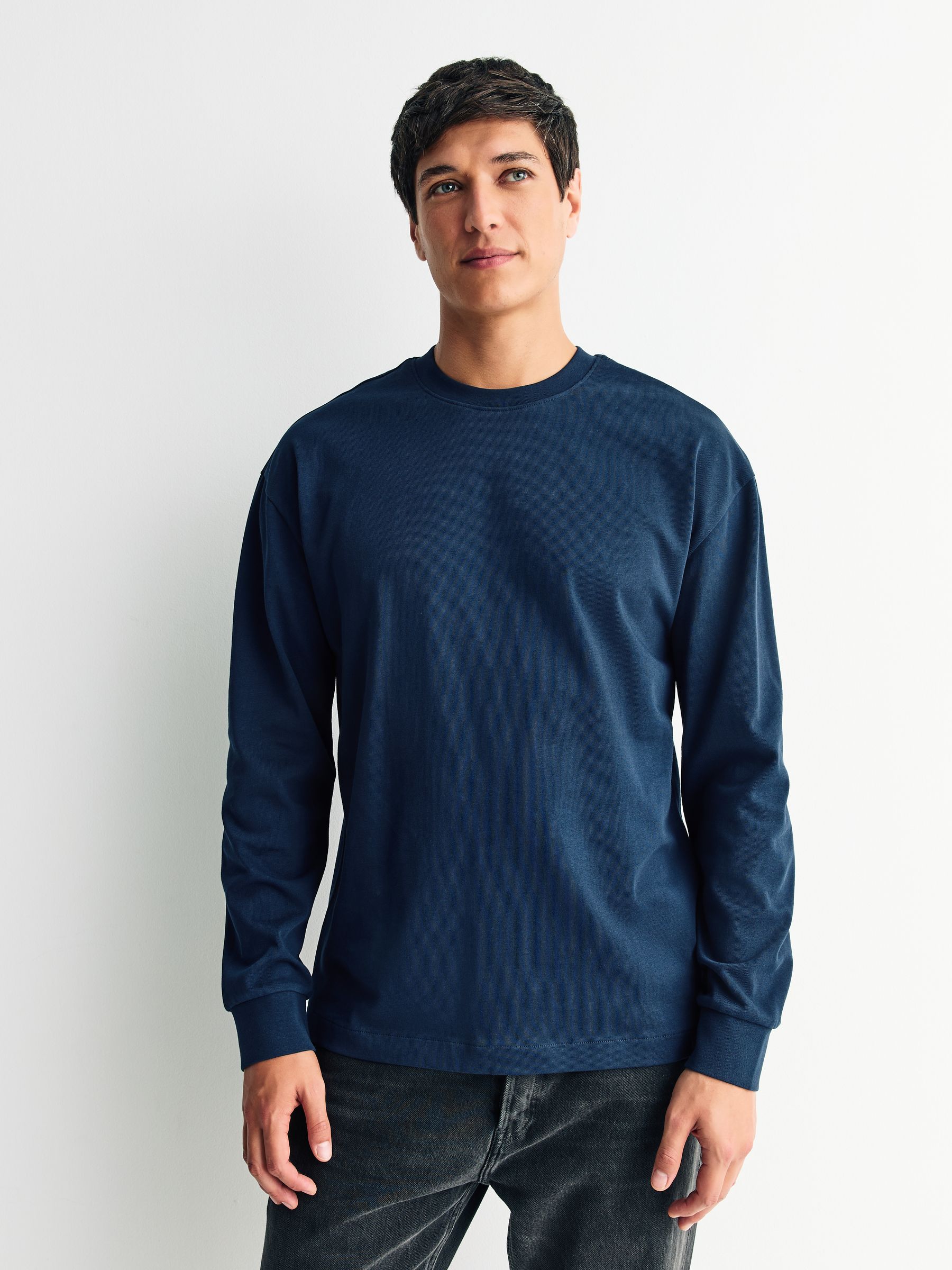 Zwart / grijs gemêleerd / marineblauw - Set van 3 ruimvallende, zwaargewicht 100% katoenen T-Shirts met lange mouwen