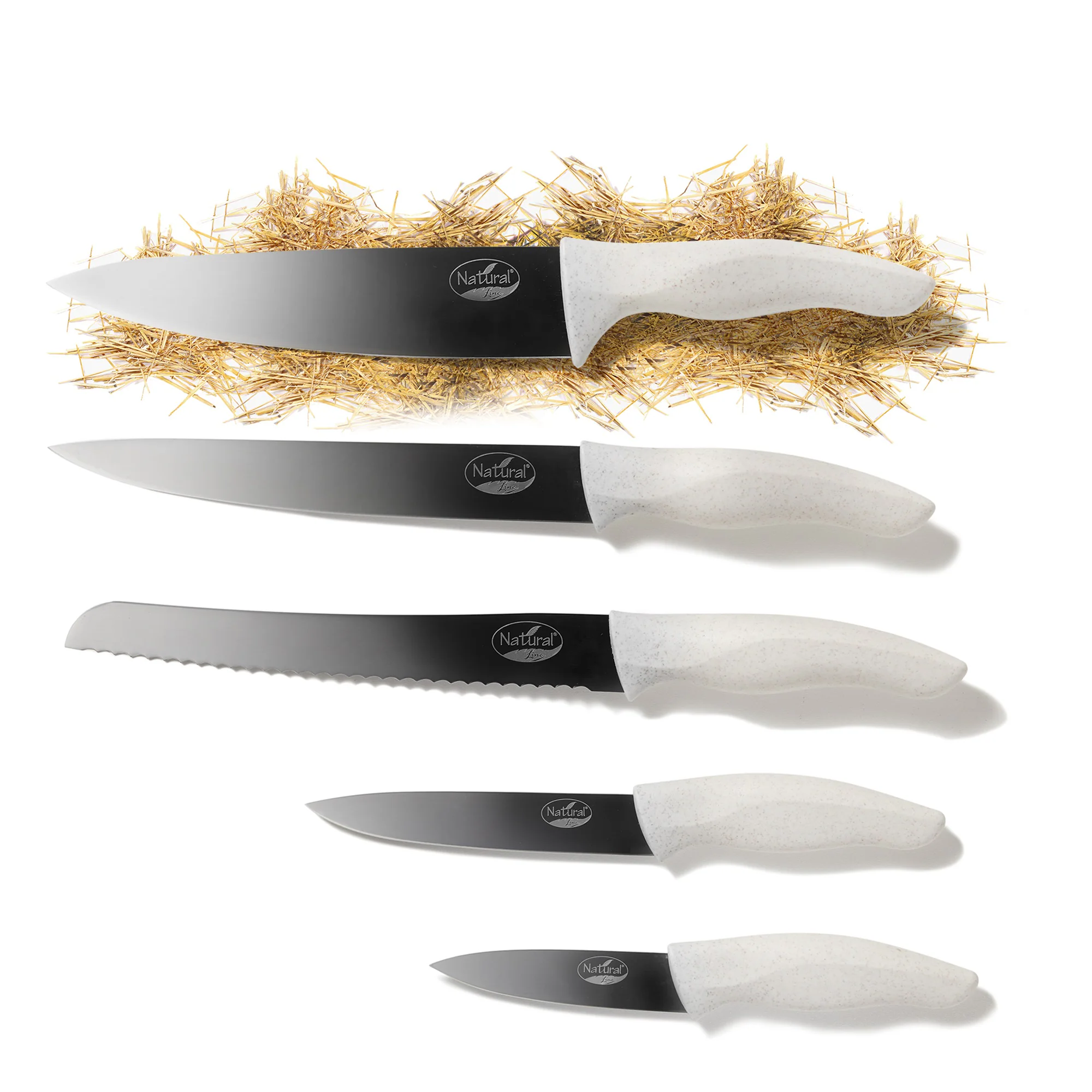 Natural Line® Edelstahl-Messer-Set, 5-tlg., mit klappbarem Magnet-Messerblock, mit Griffen aus Stroh
