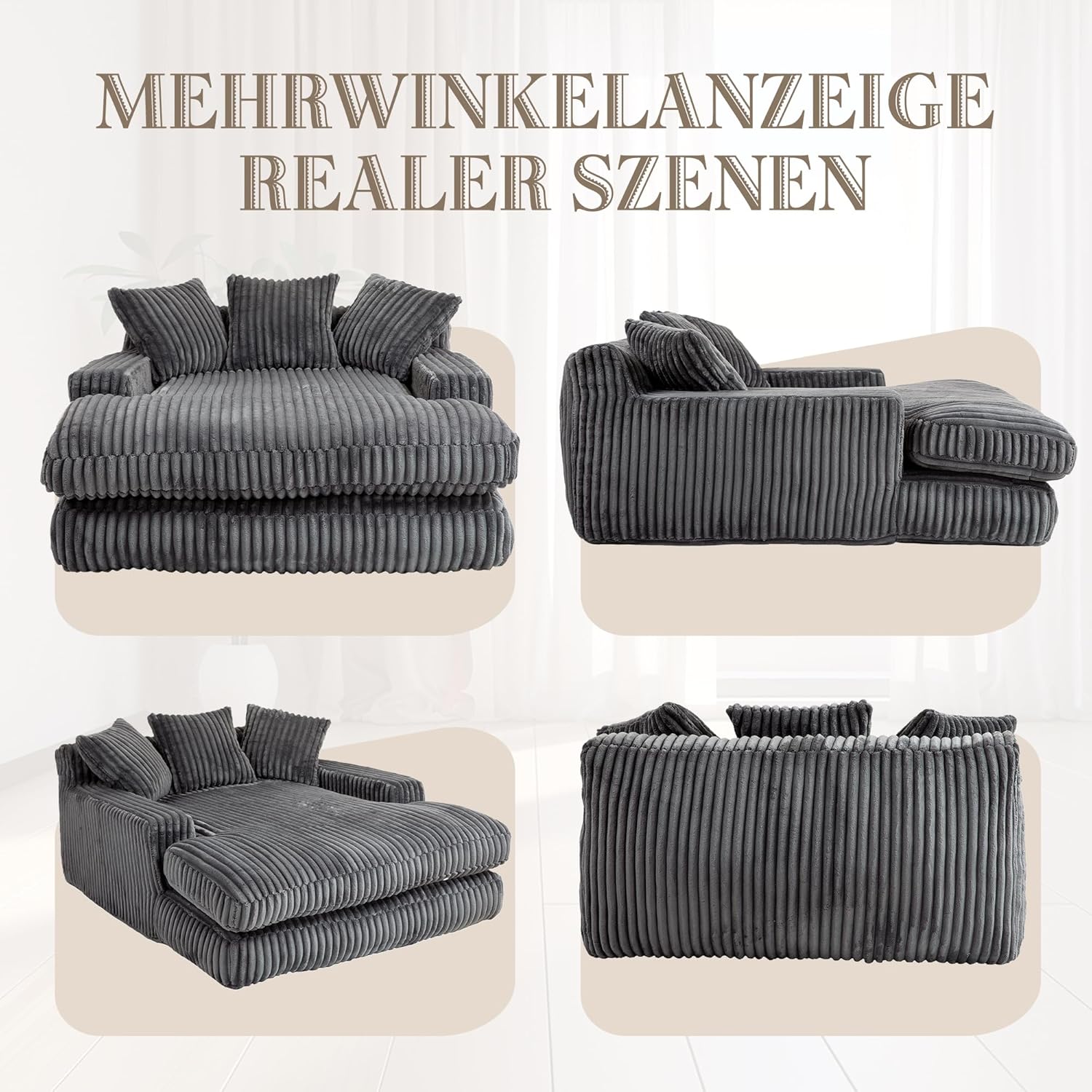 Cord Schlafsofa, Couch mit Armlehnen, Cloud Couch mit 3 Weichen Kissen, Bequemes Einzelsitz-Bodensofa, Loungesofa, Schlafsessel für Wohnzimmer, Schlafzimmer, Büro, 125x155x63 cm, Grau