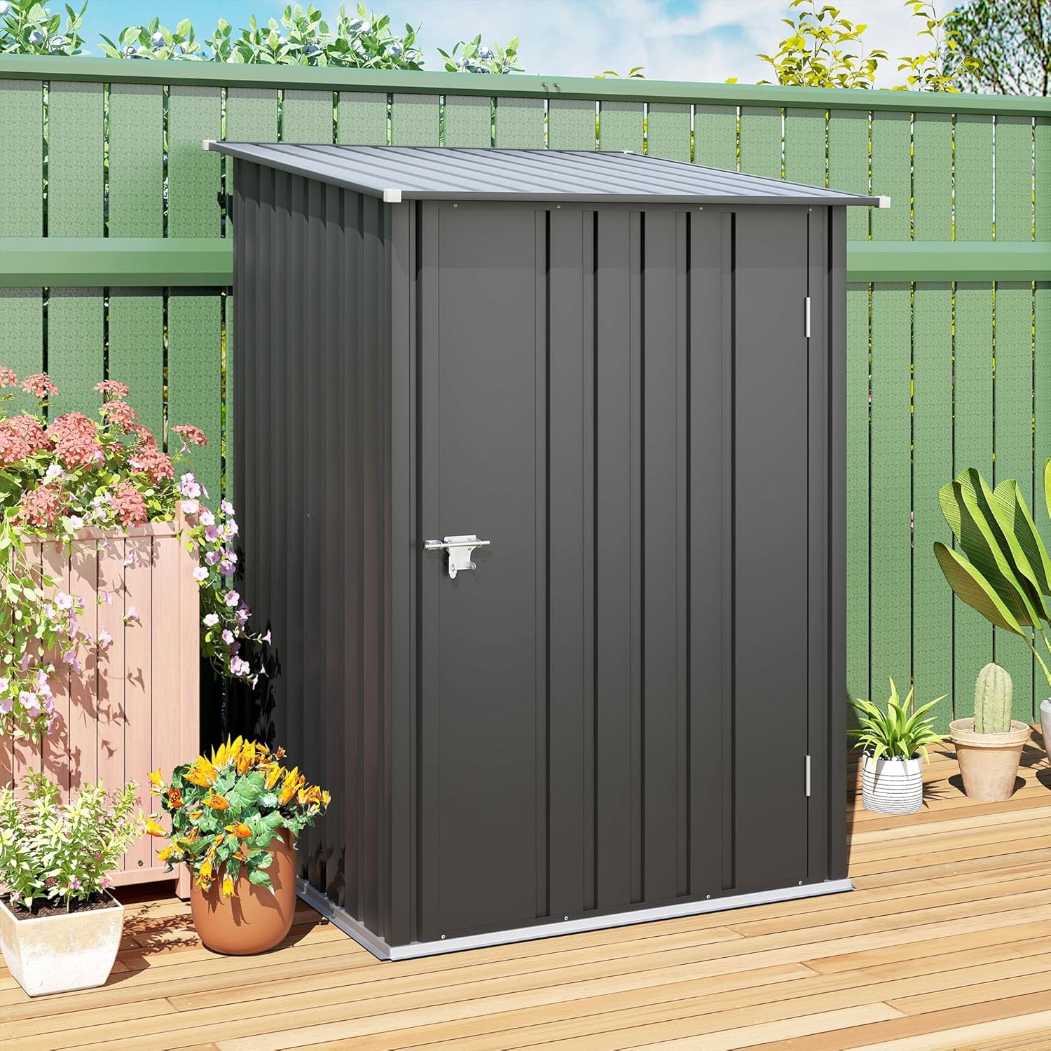 Outsunny Metall Gerätehaus 0,92 m² 100x103x160cm Geräteschuppen mit Pultdach Abschließbarer Tür Gartenhaus Outdoor Garten Schuppen Schrank für Hinterhof Außenbereich Dunkelgrau
