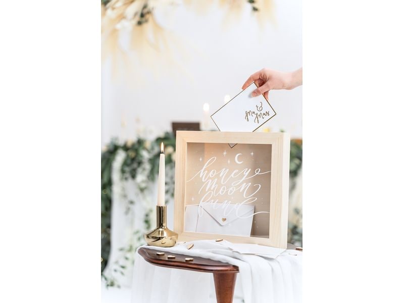 Partydeco Spardose Honeymoon Fund Hochzeit Spardose aus Holz mit weisser Aufschrift auf Plexiglas
