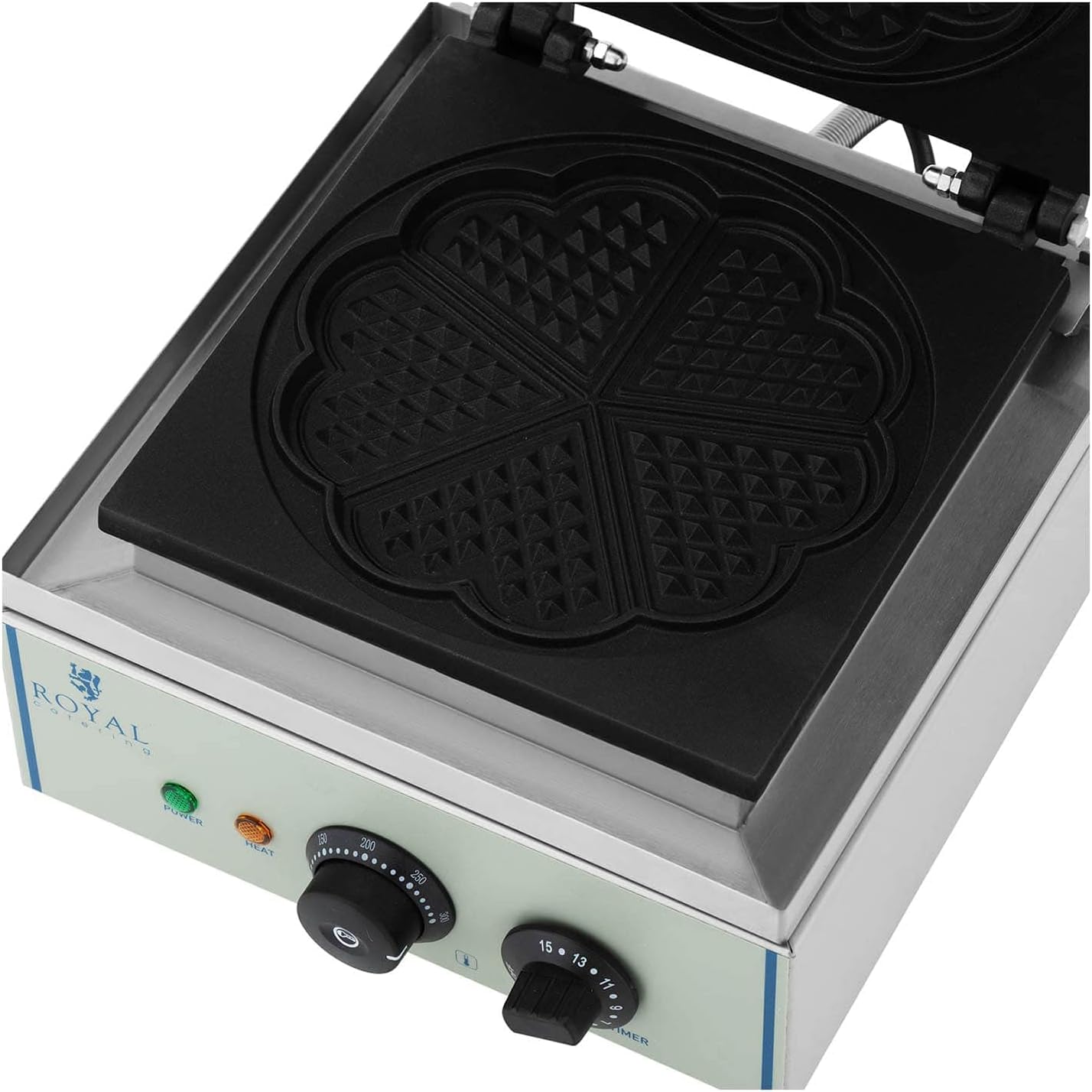 Royal Catering RCWM-1500-H Waffeleisen Waffelgerät Waffelautomat Waffle Maker (herzförmig, 1.500 W, Ø 21 cm, 15 min Timer, Teflon, Edelstahlgehäuse)