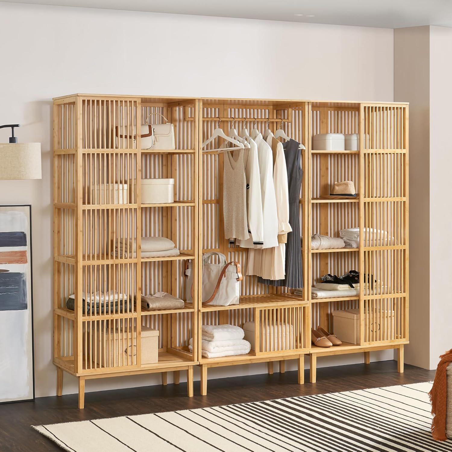 [en.casa] Garderobenset Trundholm + Vemb 185 x 240 x 45 cm aus Bambus 2 x Standregal mit 5 Ablagefächern und 1 x Garderobenständer für Flur Schlafzimmer Wohnzimmer