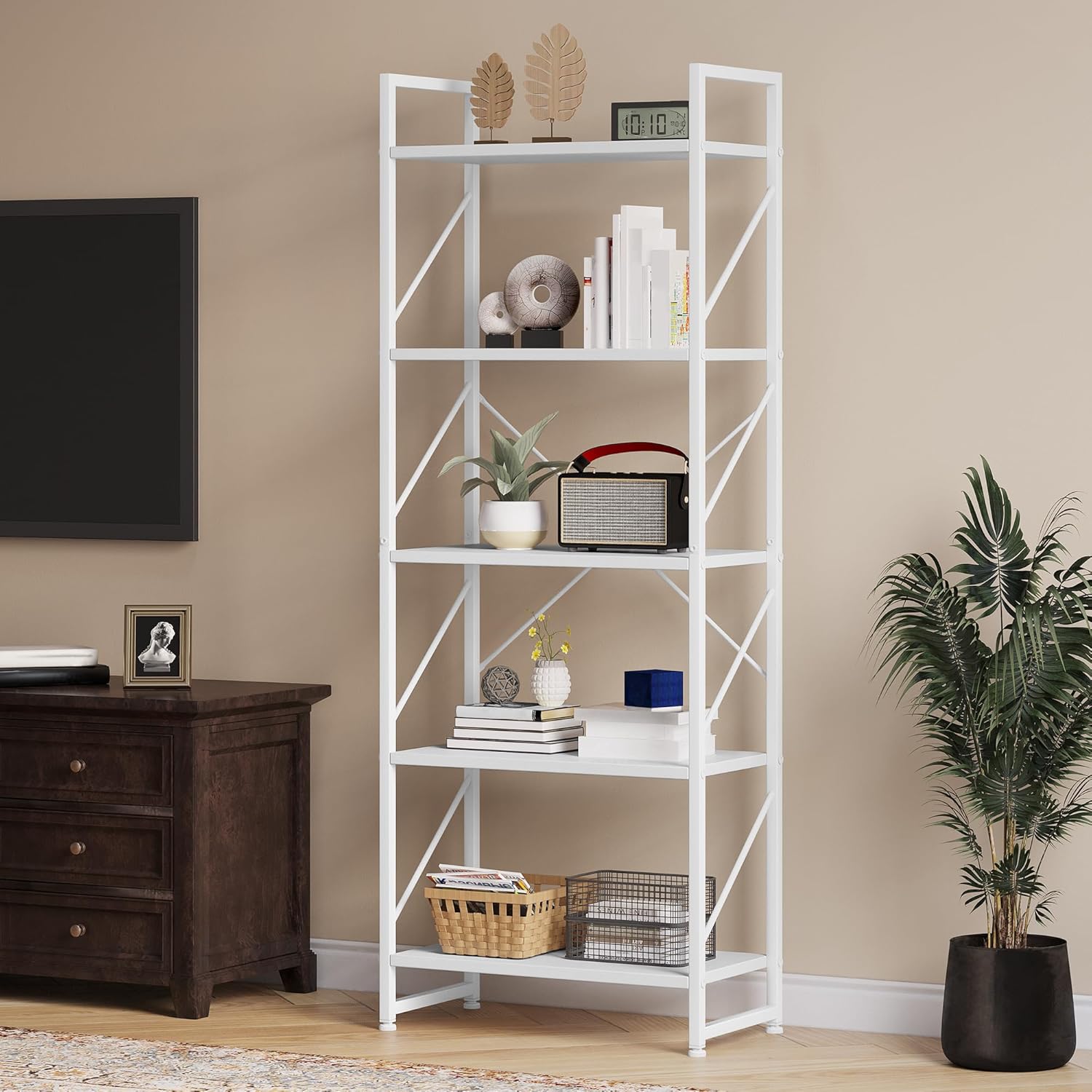 YITAHOME Bücherregal mit 5 Ebenen, freistehendes Bücherregal, Holzregal und Metallrahmen, Aufbewahrungsregal für Wohnzimmer, Heimbüro – reines Weiß AQ9712920