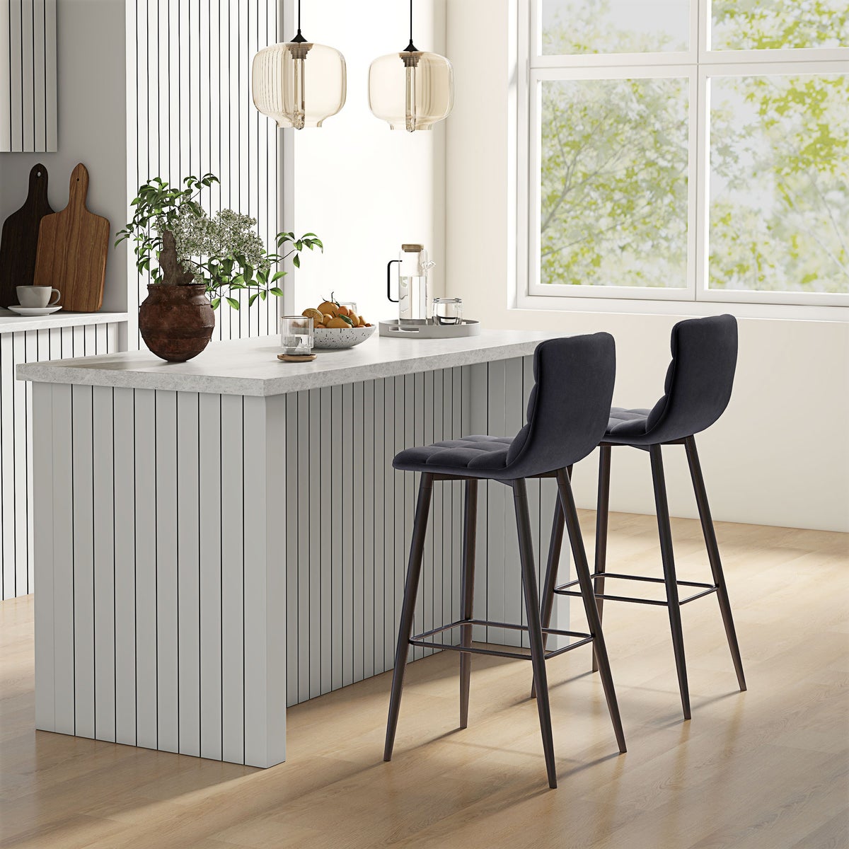 HOMCOM 2-delige barkrukkenset, bistrokrukken met voetenbank, barstoel, fluwelen bekleding, keukenstoel, barkrukset met stalen poten voor woonkamer, eetkamer, zwart, 42 x 47 x 105 cm