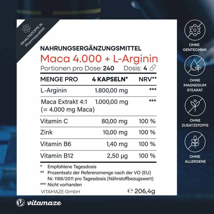 Maca 4:1 hochdosiert + L-Arginin Kapseln, 240 St