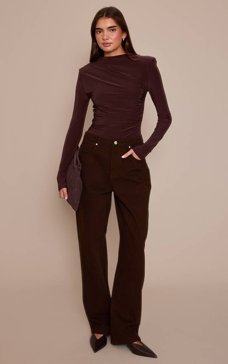 Deep Chocolate Body Manches Longues En Tissu Slinky Double Épaisseur Avec Détail Drapé Froncé
