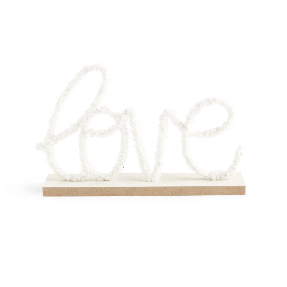 Mot à poser Love effet laine bouclée et socle bois 26,5x6x17cm