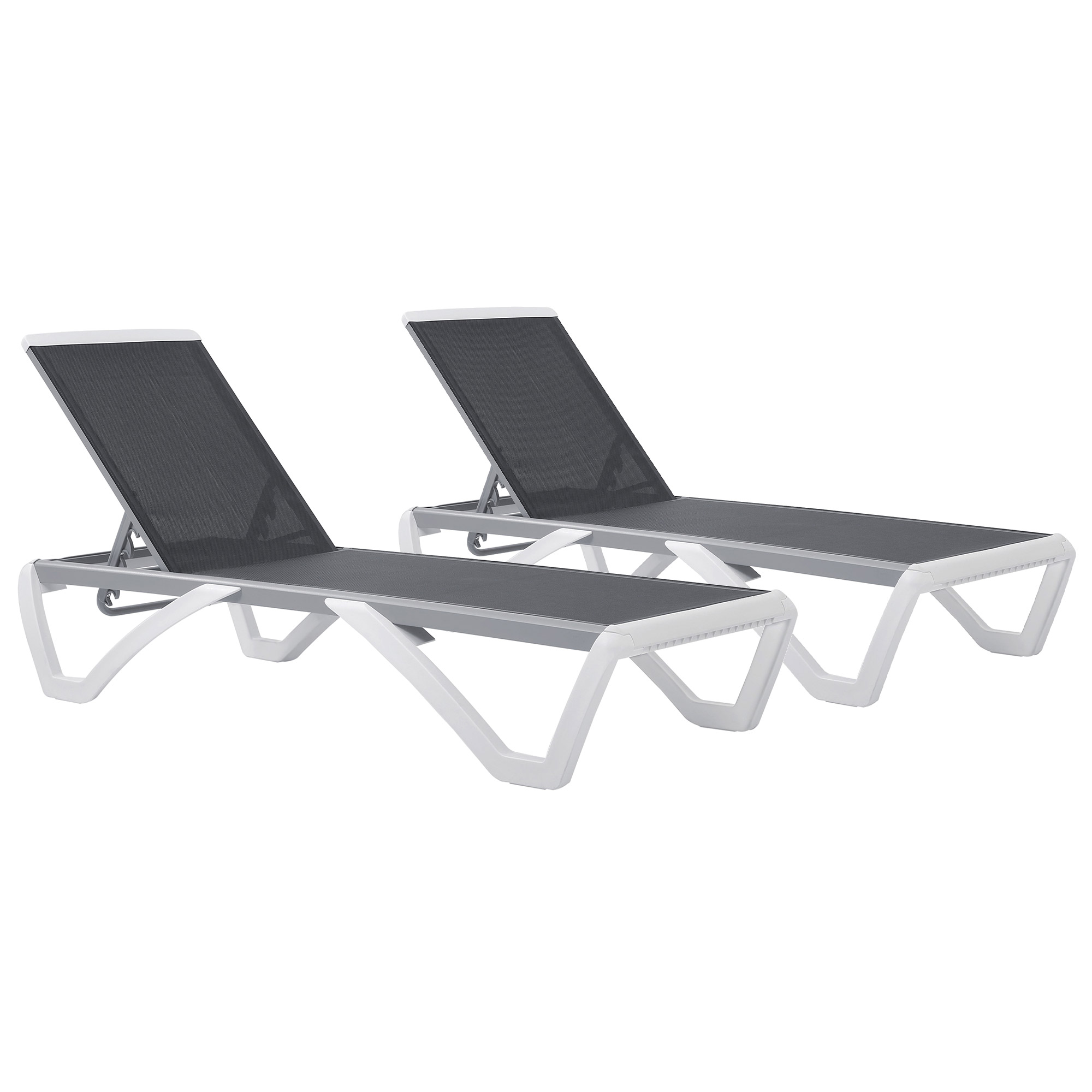 Conjunto de 2 espreguiçadeiras reclináveis de alumínio Outsunny, com encosto ajustável em 5 níveis e 2 rodas, ideais para pátio, varanda e área da piscina. Dimensões: 170 x 67,5 x 95 cm. Cores: cinza e branco.