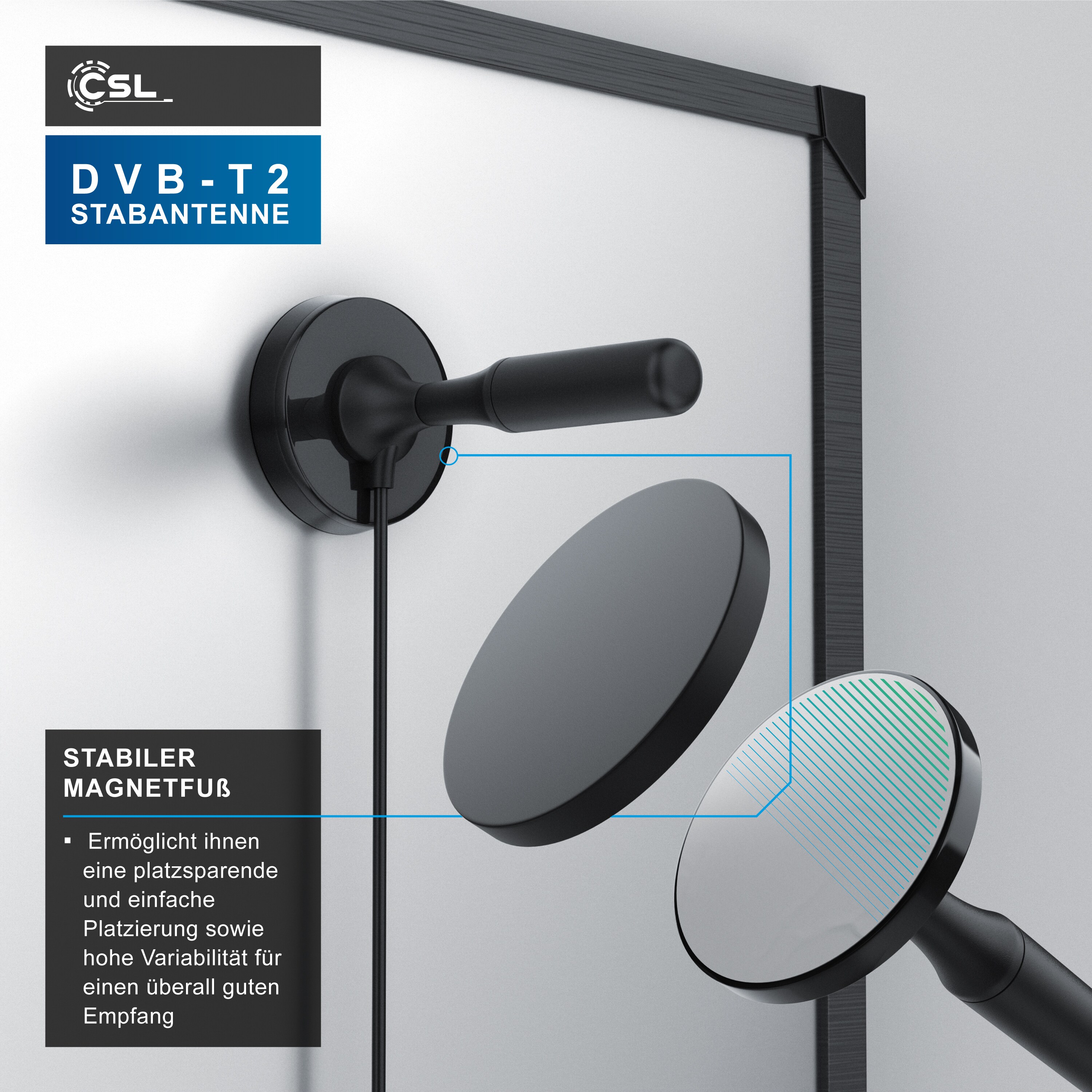 CSL DVB-T, DVB-T2 Stabantenne für Innenbereich, digitale Antenne mit 4m Kabel / inkl. F-Stecker Adapter