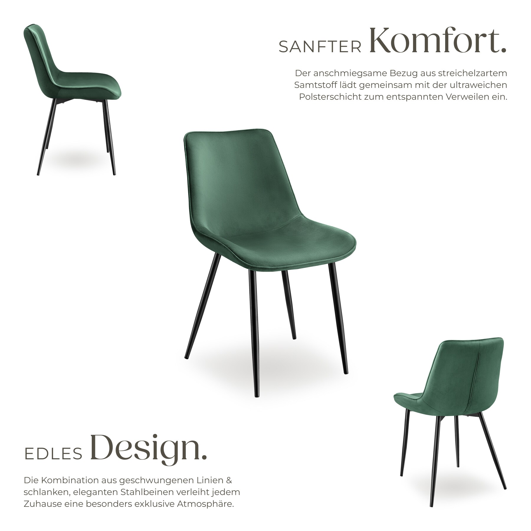 tectake® Set Stuhl, gepolstert, in Samtoptik, schwarze Stahlbeine, 48 x 59 x 82,5 cm