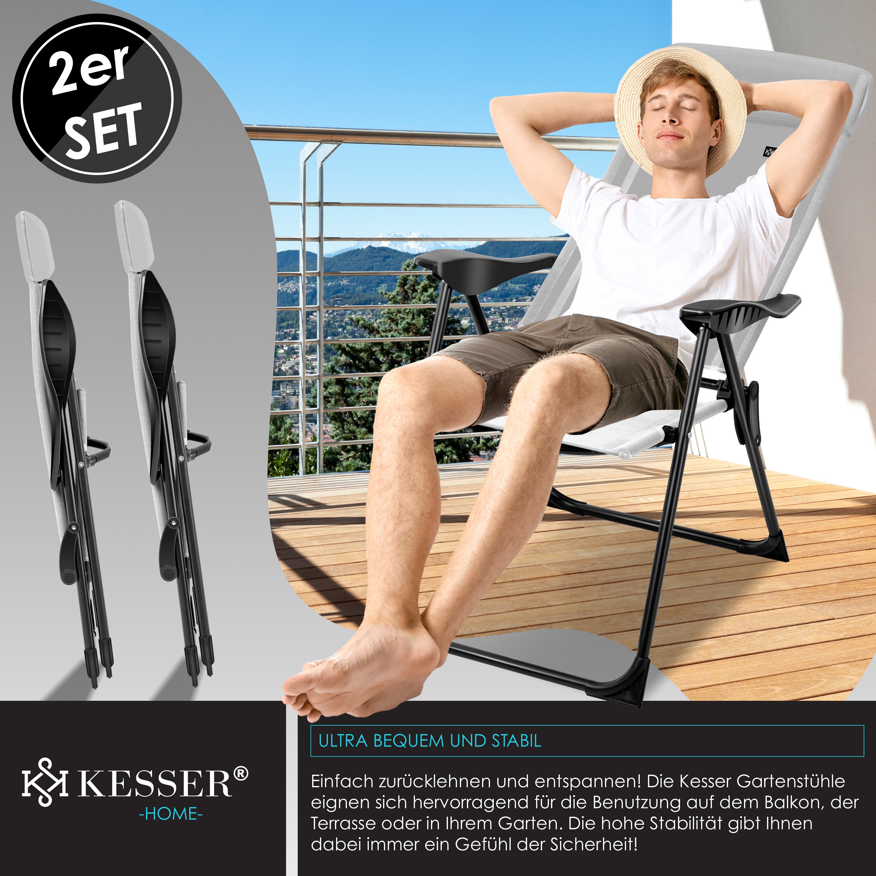 KESSER® 2er Set Gartenstuhl Hochlehner Alu Klappstuhl 7-Fach Verstellbar mit Armlehnen Atmungsaktiv klappbar Campingstuhl Balkonstuhl Klappsessel Garten Terrasse