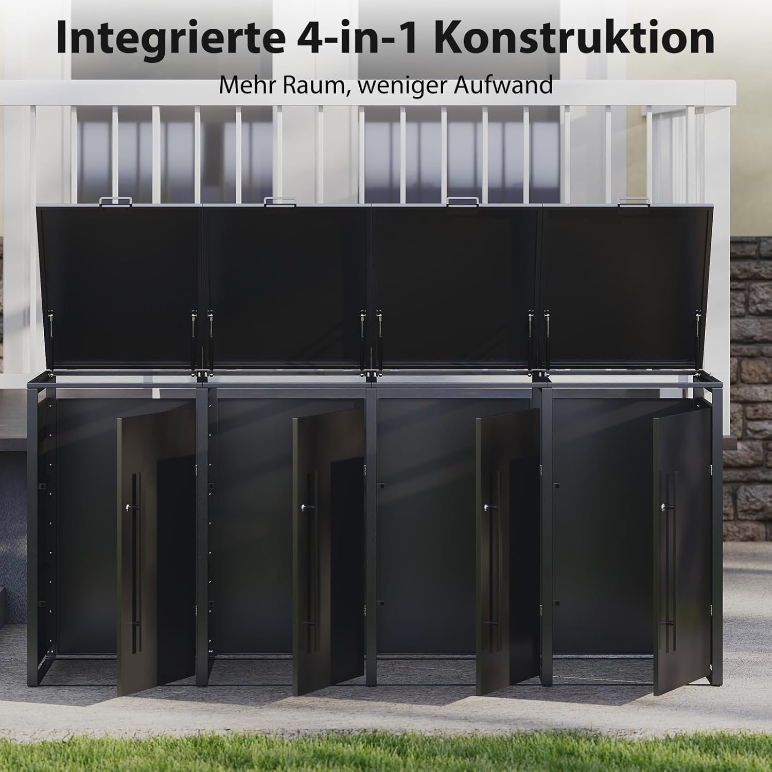 Metallische Mülltonnenbox für 120-240 Liter, 264 x 80 x 116 cm, Mülltonnenlagerung für 4 Tonnen, Verzinktes Stahl-Müllschuppen, Außendeckel mit abschließbarer Tür für Garten und Hinterhof