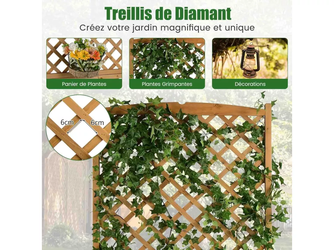 Jardinière avec Treillis en Bois de SaBois avec Trou de Drainage, Bac à Fleurs pour Plante Grimpante Vigne, Lit de Jardin Résistance aux Intempéries, Brun 90 x 44,5 x 180 cm