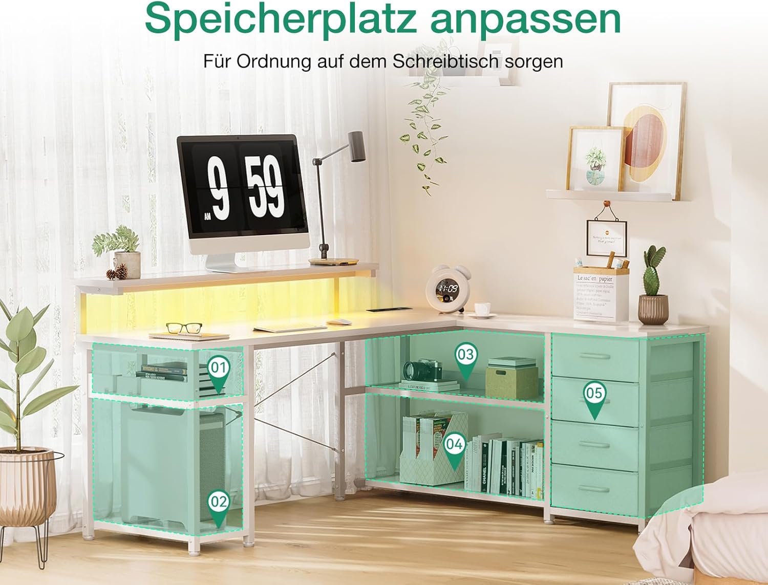 ODK Schreibtisch mit Schubladen, Reversible Eckschreibtisch mit 2 Steckdosen und 2 USB Ladeanschluss, Bürotisch L Form mit LED für Home Office 155×110cm (Alles Weiß)