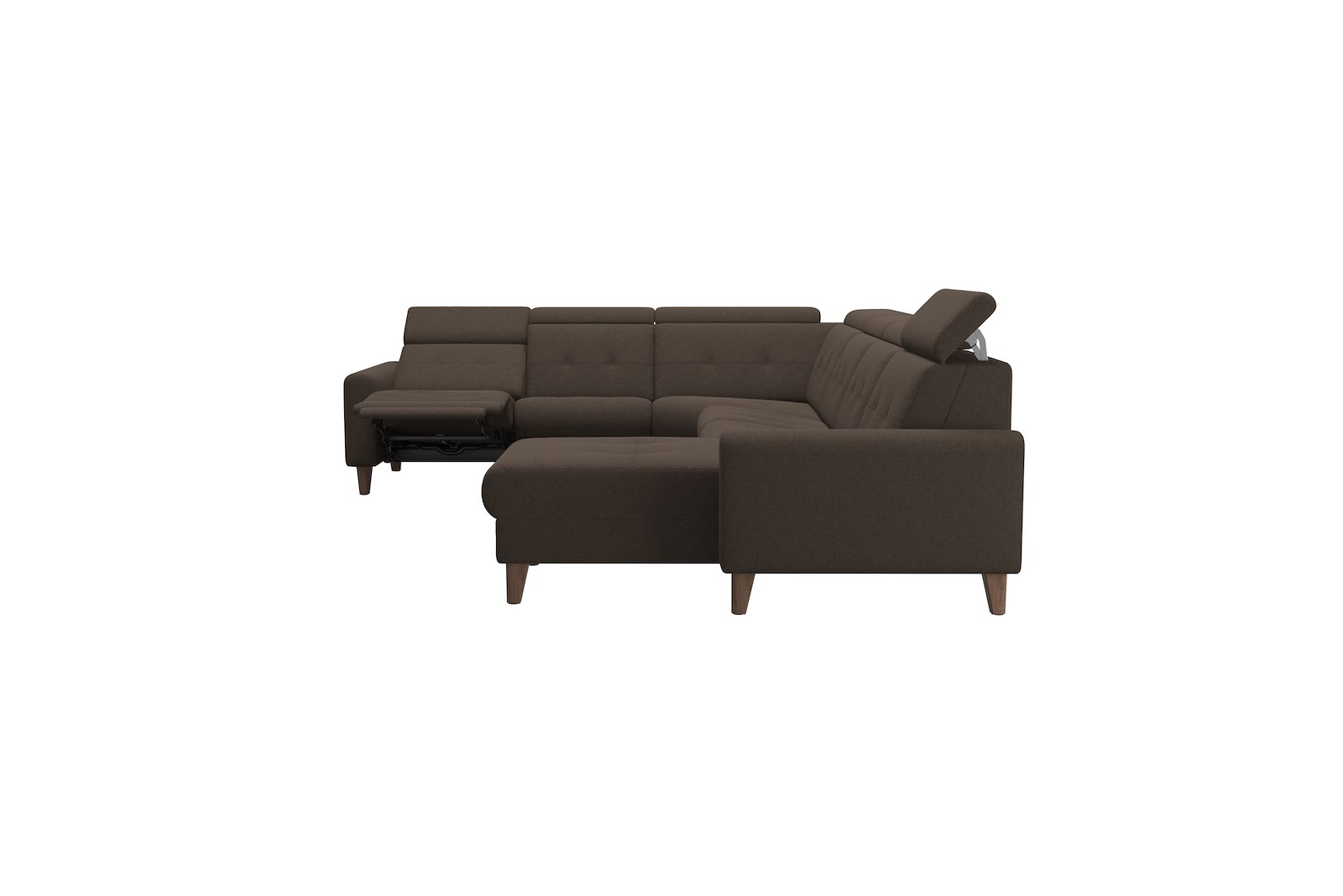 Anna C22 hjørnesofa (PMCMM) med LS (M) Tekstil Calido Brown med A1 arm og valnøttbeisede skrå ben, 14 cm. (Power-Manual-CornerManual-Manual-Manual)