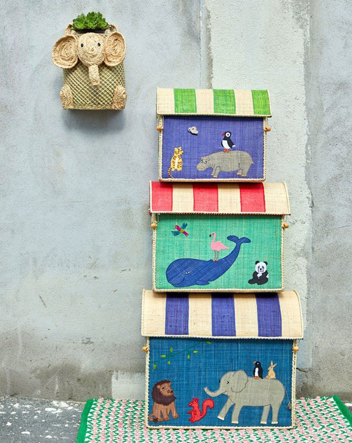Bast-Spielzeugkiste ANIMALS SMALL (36x31x25) in blau