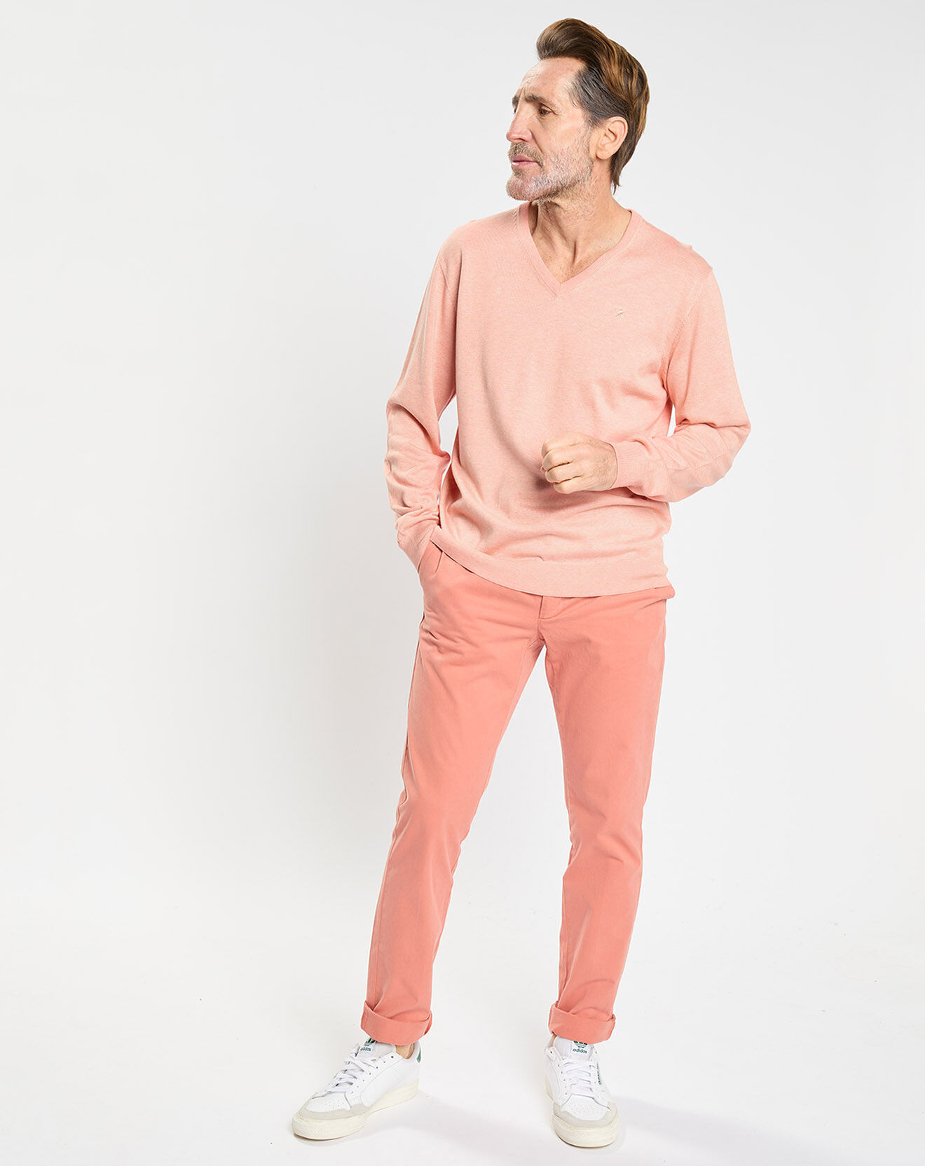 Hackett London Pull en Coton & Soie col V orange clair chiné