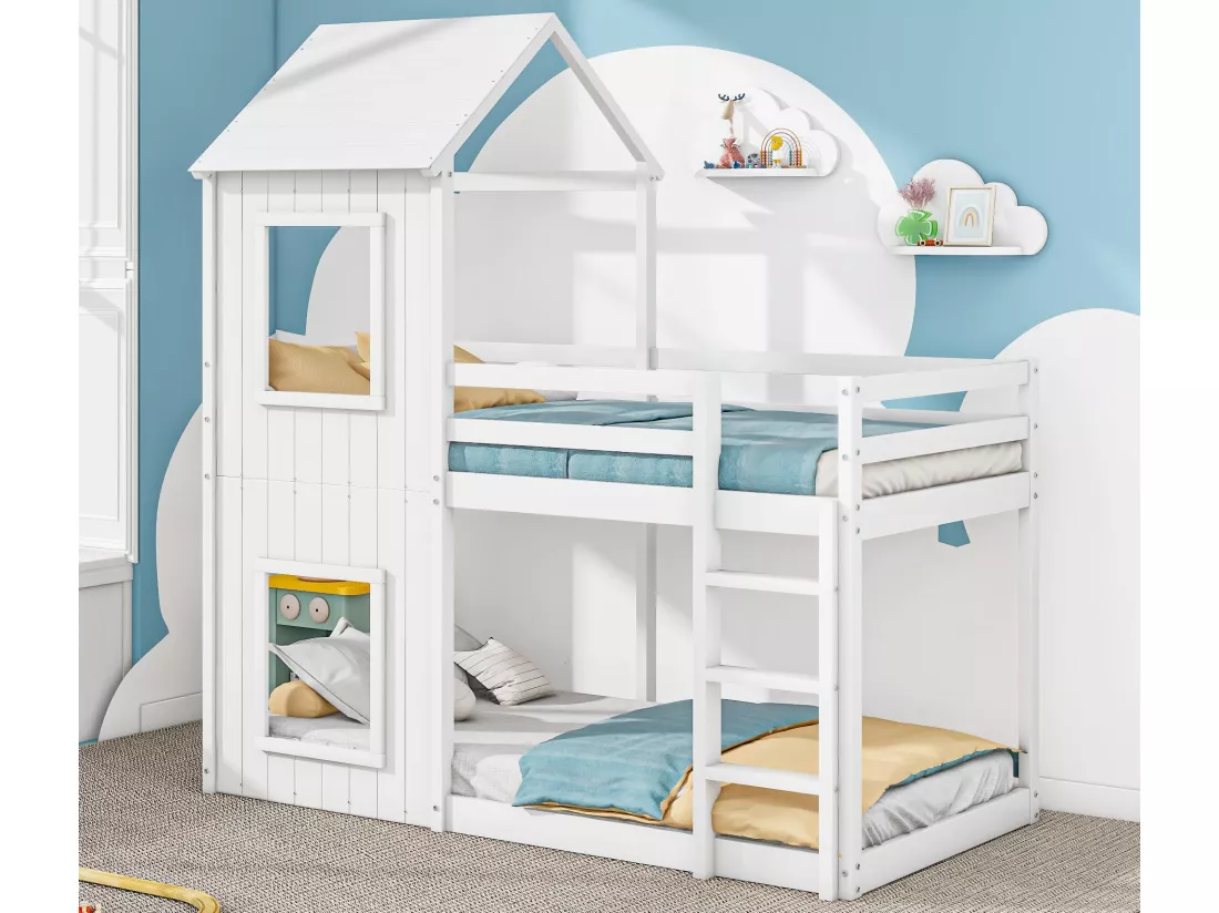 Lit superposé cabane 90x200cm - en bois massif - avec 2 fenêtres - Blanc