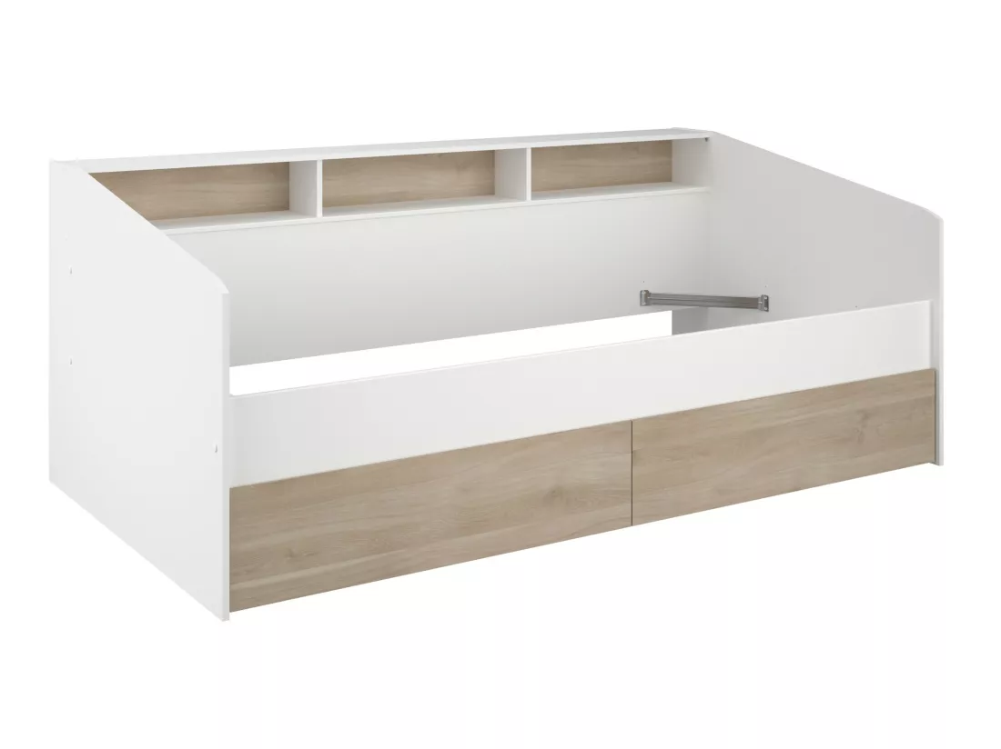 Lit 90 x 190/200 cm avec rangements - Blanc et naturel + Sommier - PAULETTE
