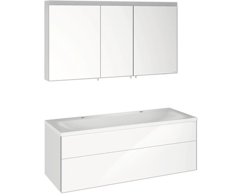 KEUCO Royal Reflex badkamermeubelset, BxHxD 130 x 48 x 49 cm, hoogglans witte fronten, 3-delige badkamermeubelset met witte gegoten mineraalwastafel en spiegelkast met LED-verlichting, wastafelonderkast 39605212200