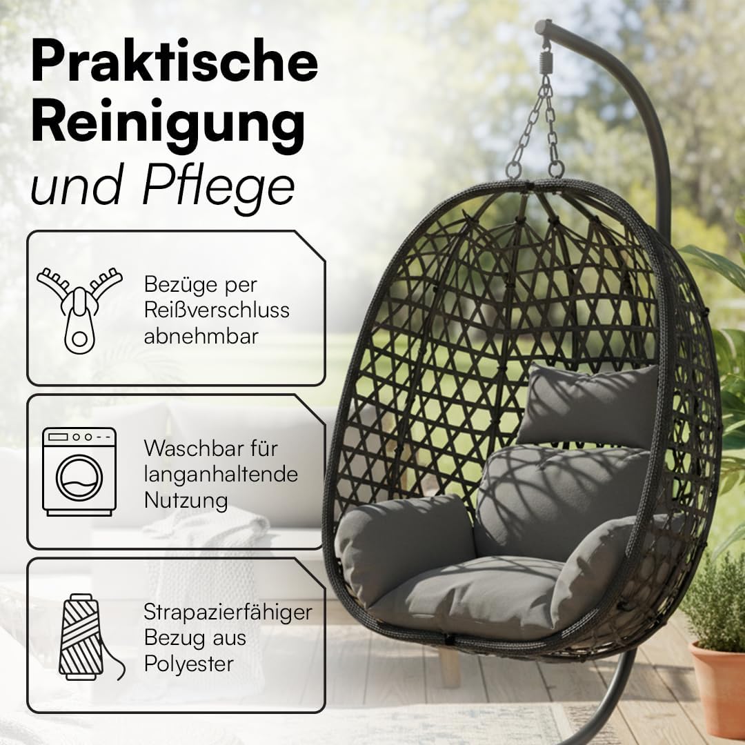 STEELSØN Sarin Hängesessel mit Gestell – Hängestuhl Rattan Outdoor & Indoor mit Kissen – Hängekorb Schwarz – Gartenschaukel für Erwachsene & Kinder – Korbhängesessel faltbar – Hanging chair bis 150 kg