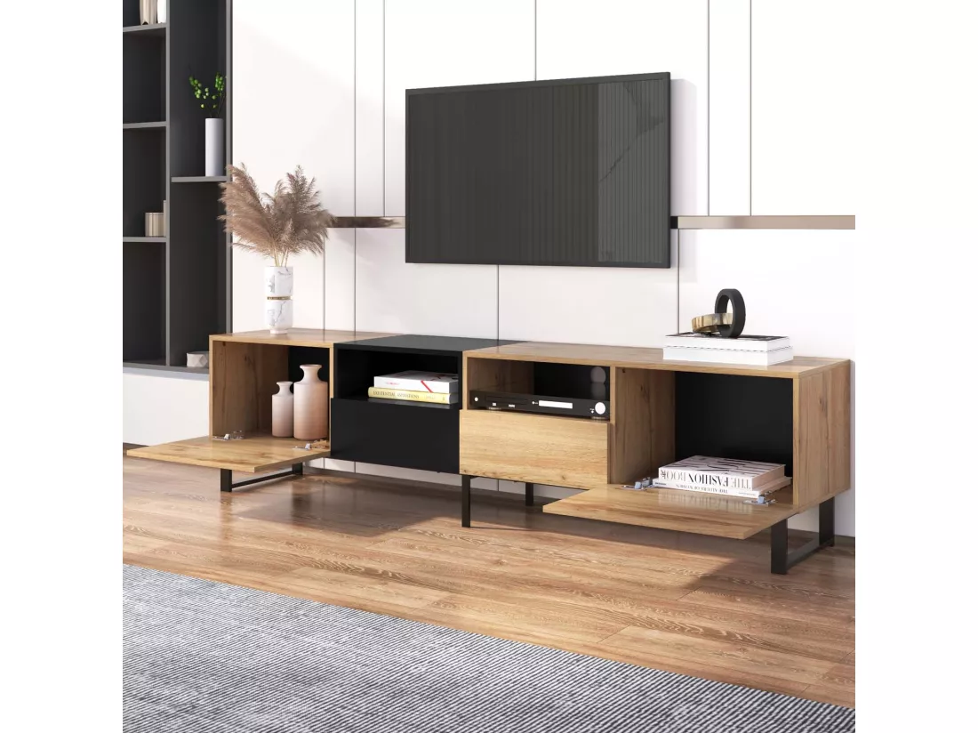Meuble TV 190cm - 2 portes + 2 tiroirs + 2 compartiments - style industriel - Naturel