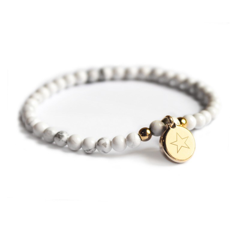 Bracelet perles howlite et médaille ronde plaqué or femme - gravure ETOILE