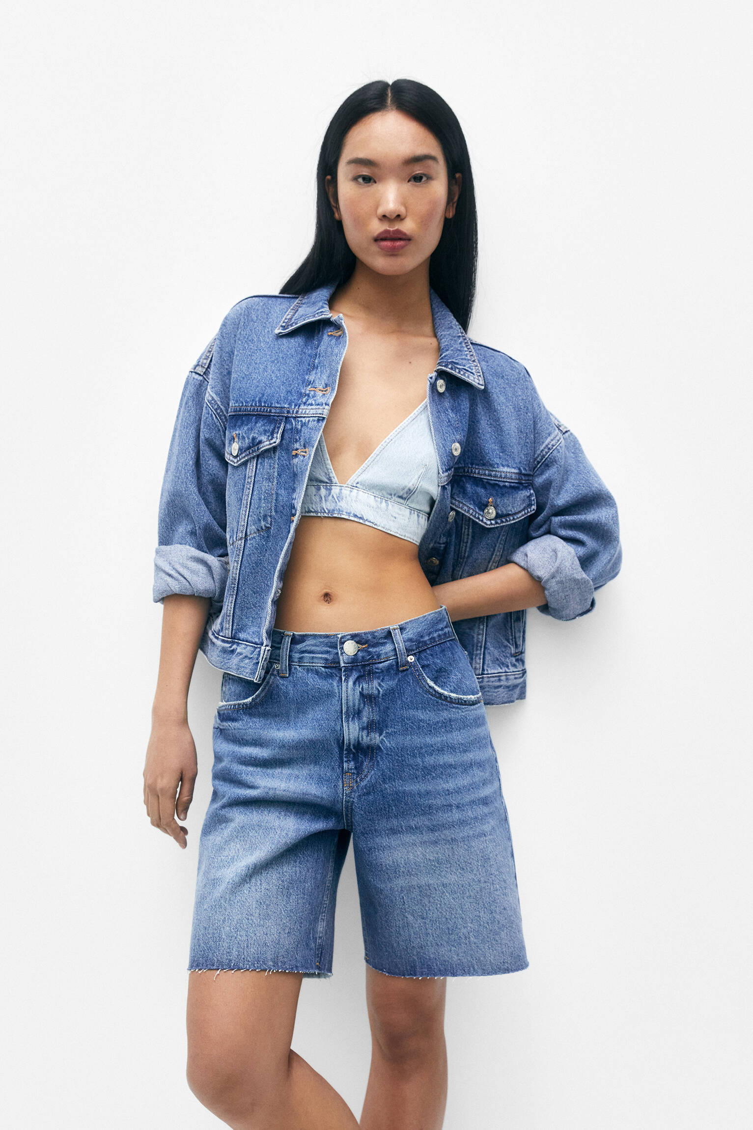 Bermuda jeans folgada - Azul médio