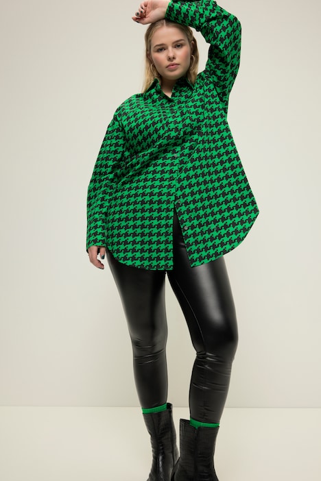 Hemdbluse, oversized, Hahnentritt, Knopfleiste, Hemdkragen