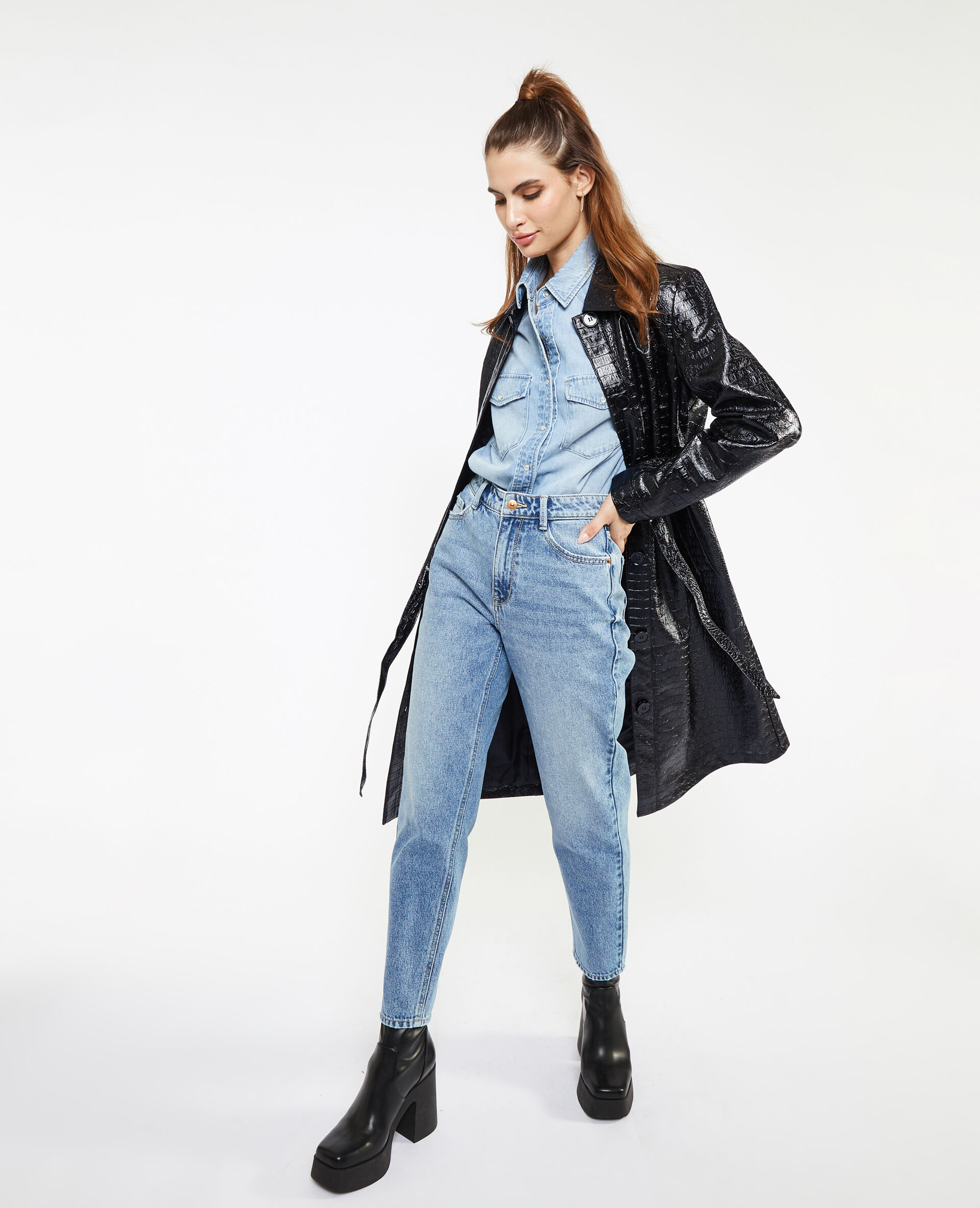 Manteau ceinturé effet croco - Noir