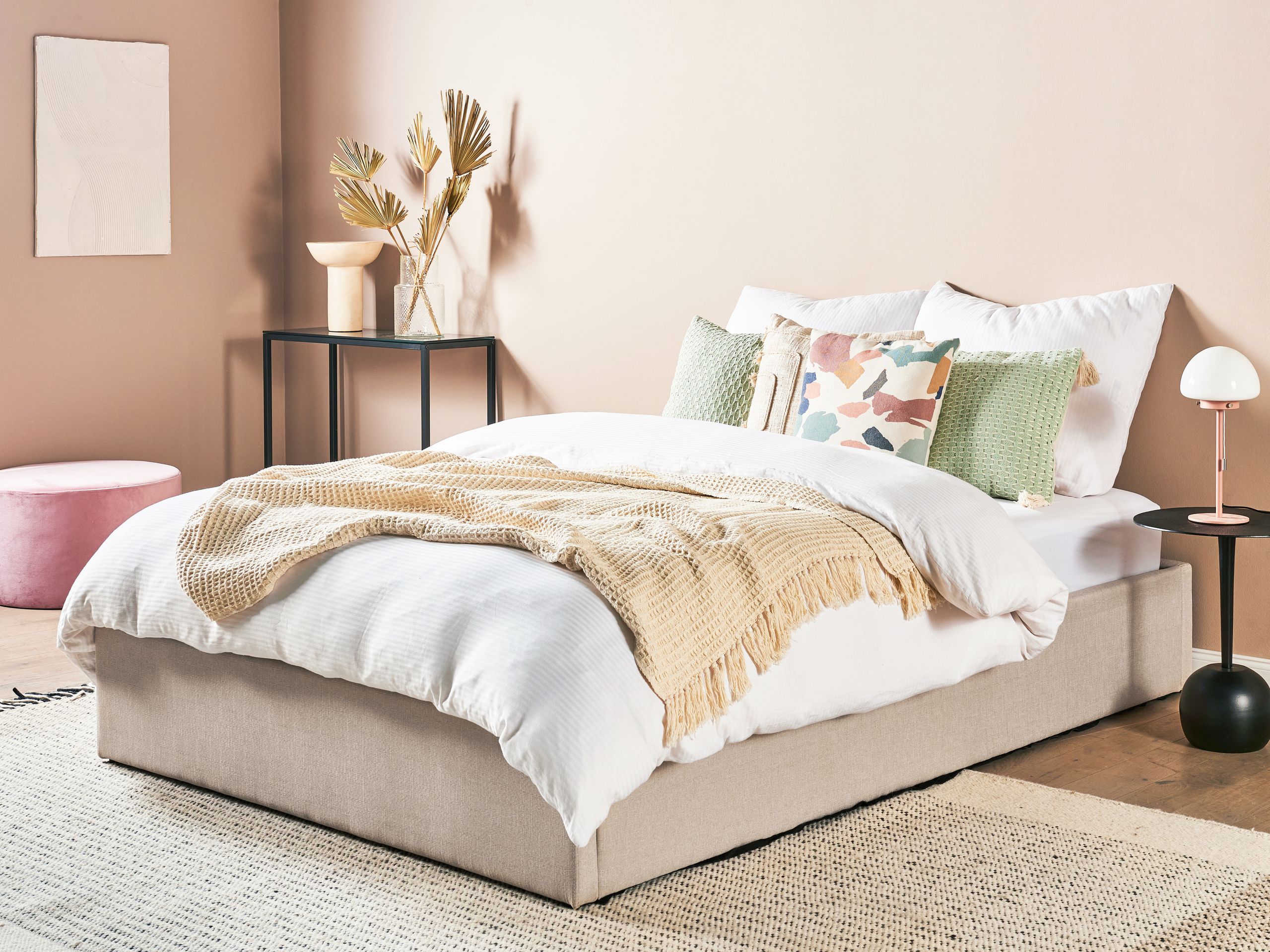 Beliani-DINAN-Tweepersoonsbed-Lichtbruin-140 x 200 cm-Polyester