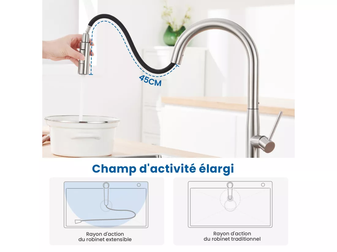 AURALUM MAX Robinet de Cuisine,Mitigeur d'Évier Inox avec Douchette Extractible,2 Modes Jets Eau Froide/Chaude Rotatif à 360°,Bec en Forme de U,Brossé