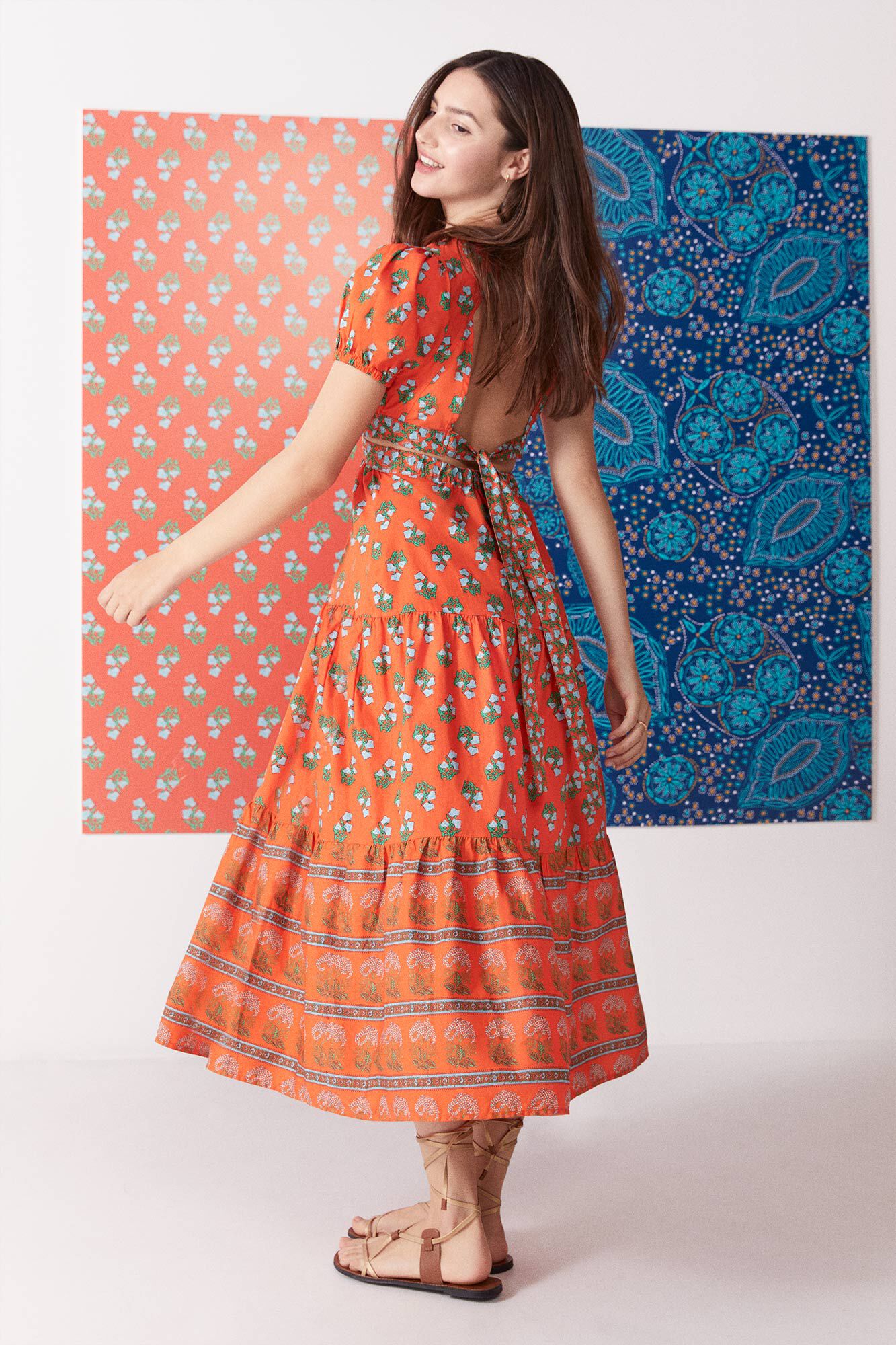 Vestido midi Popelín com costas abertas - laranja