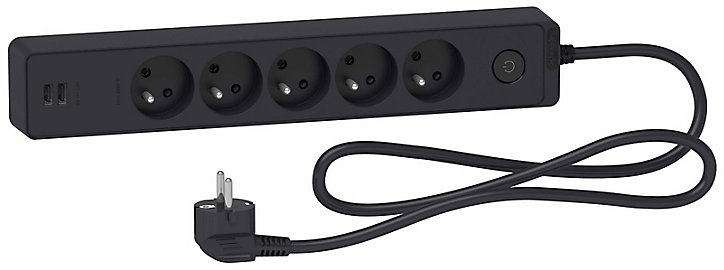 Multiprise 5 prises + 2 usb Schneider Electric Odace anthracite 1.5 m