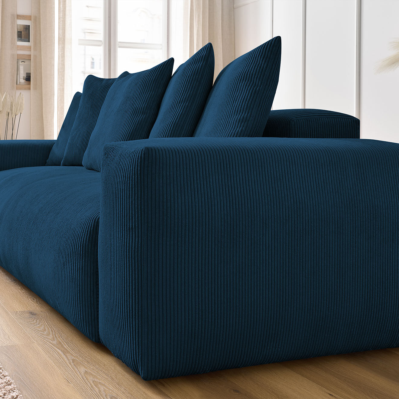 Bobochic Canapé droit fixe 3 places ultra moelleux voltaire velours côtelé bleu foncé - 280x124x75 cm