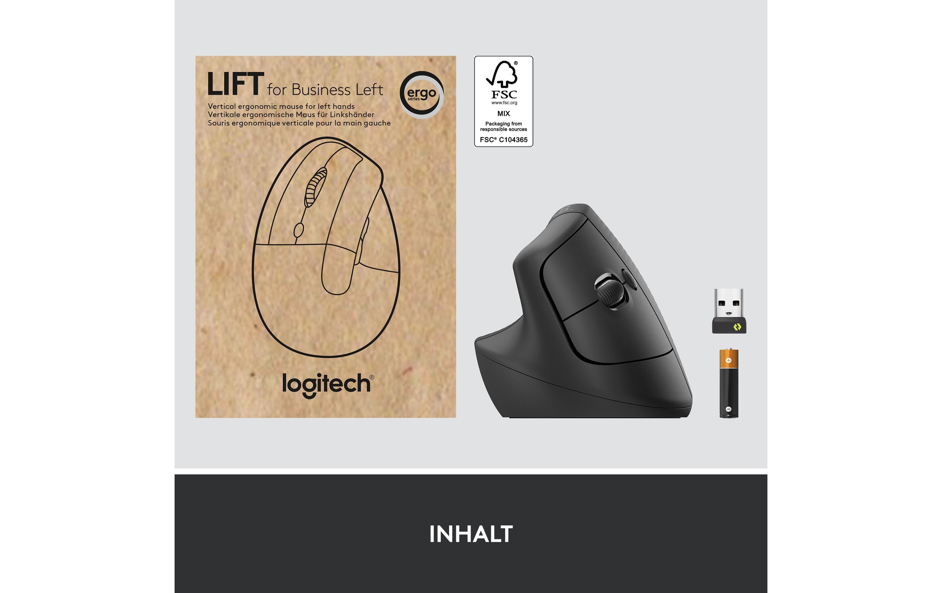 Ergonomische Maus Lift for Business Left GraphiteKomfortable ergonomische Linkshänder-Maus mit vertikalem Design für kleine bis mittelgrosse Hände
