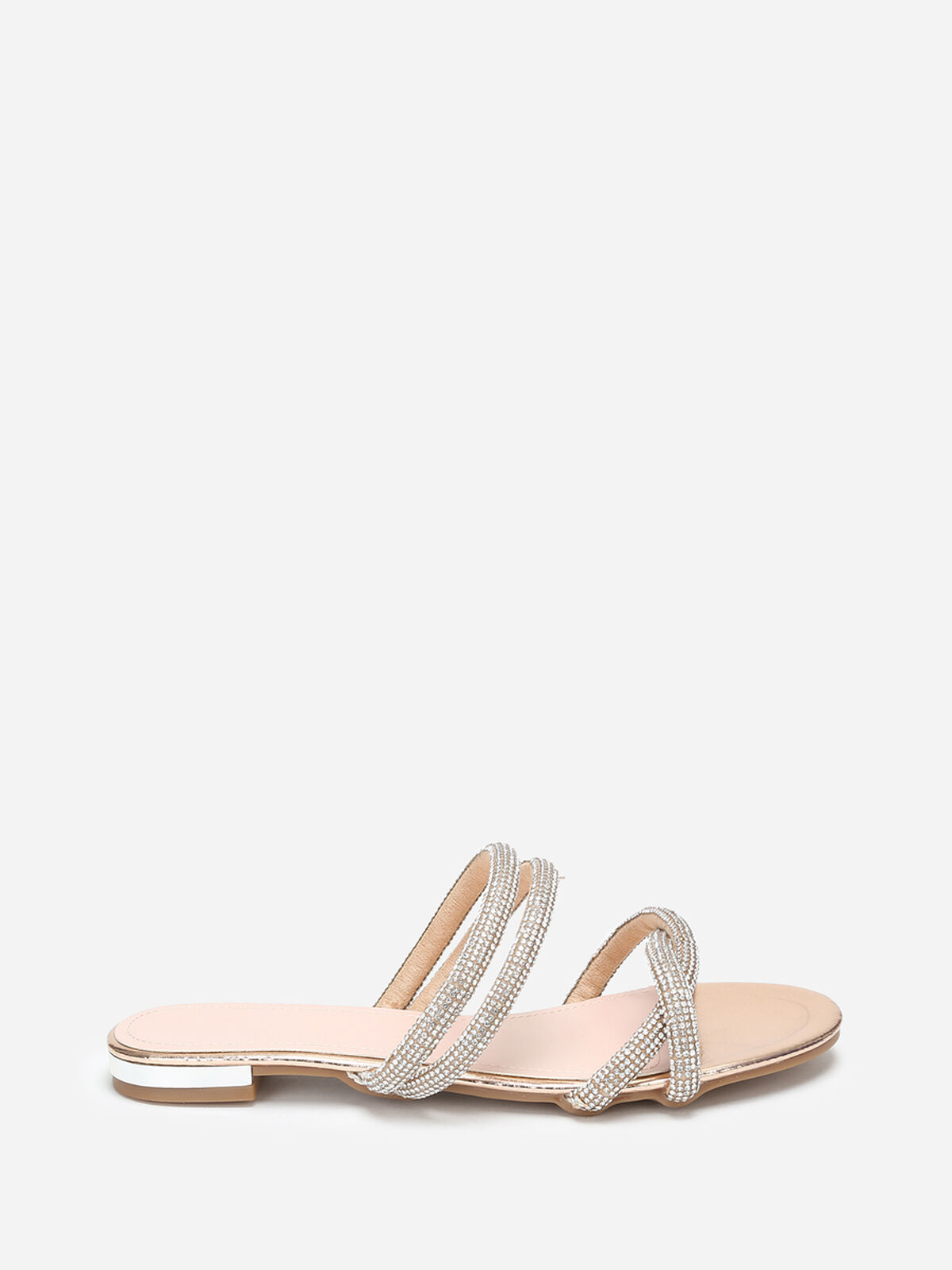 Mules plates à multi-brides en strass- Doré rose