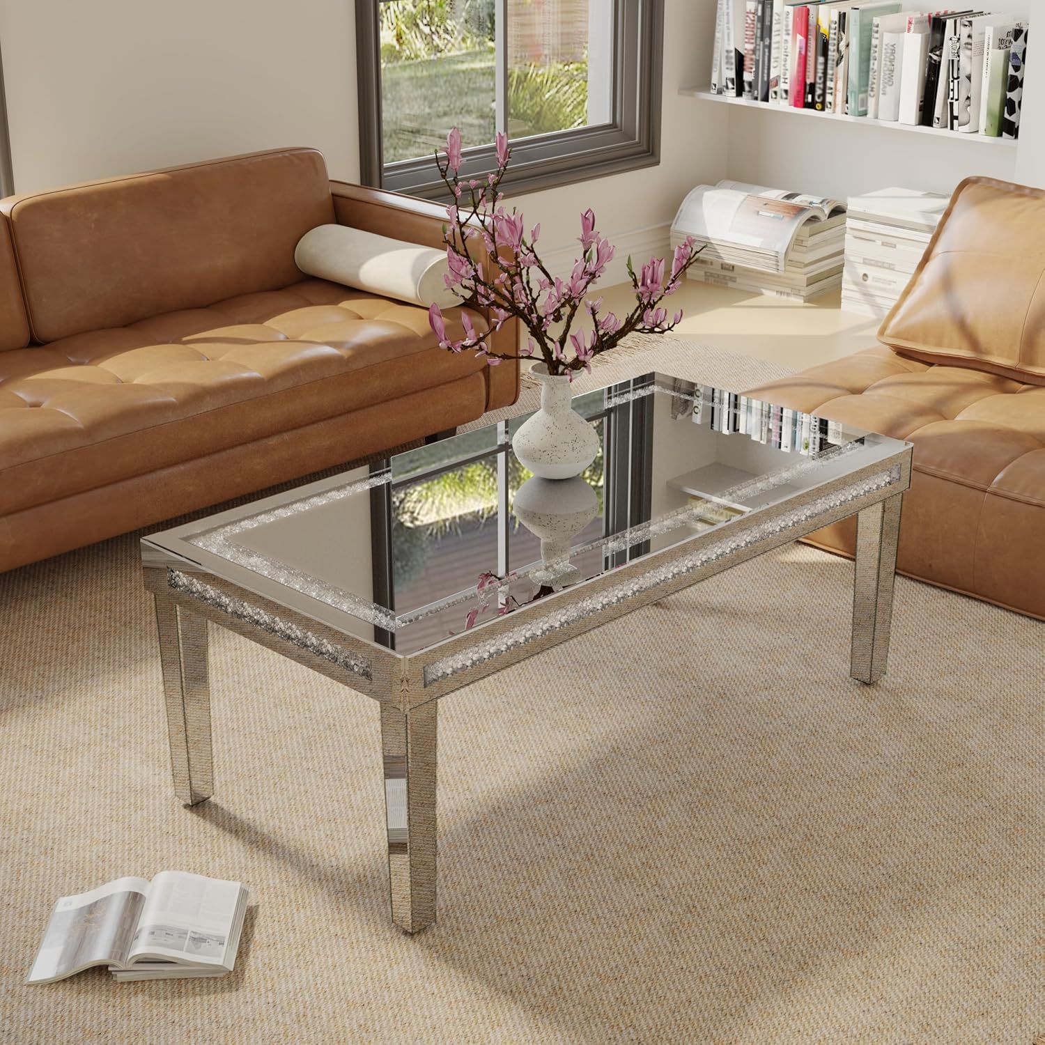 Couchtisch Silber Kristall Glas: Verspiegelte Couchtisch Kristall Beistelltisch rechteckig 120×60×45 cm, Luxus Glastisch Diamant Wohnzimmertisch für Wohnzimmer